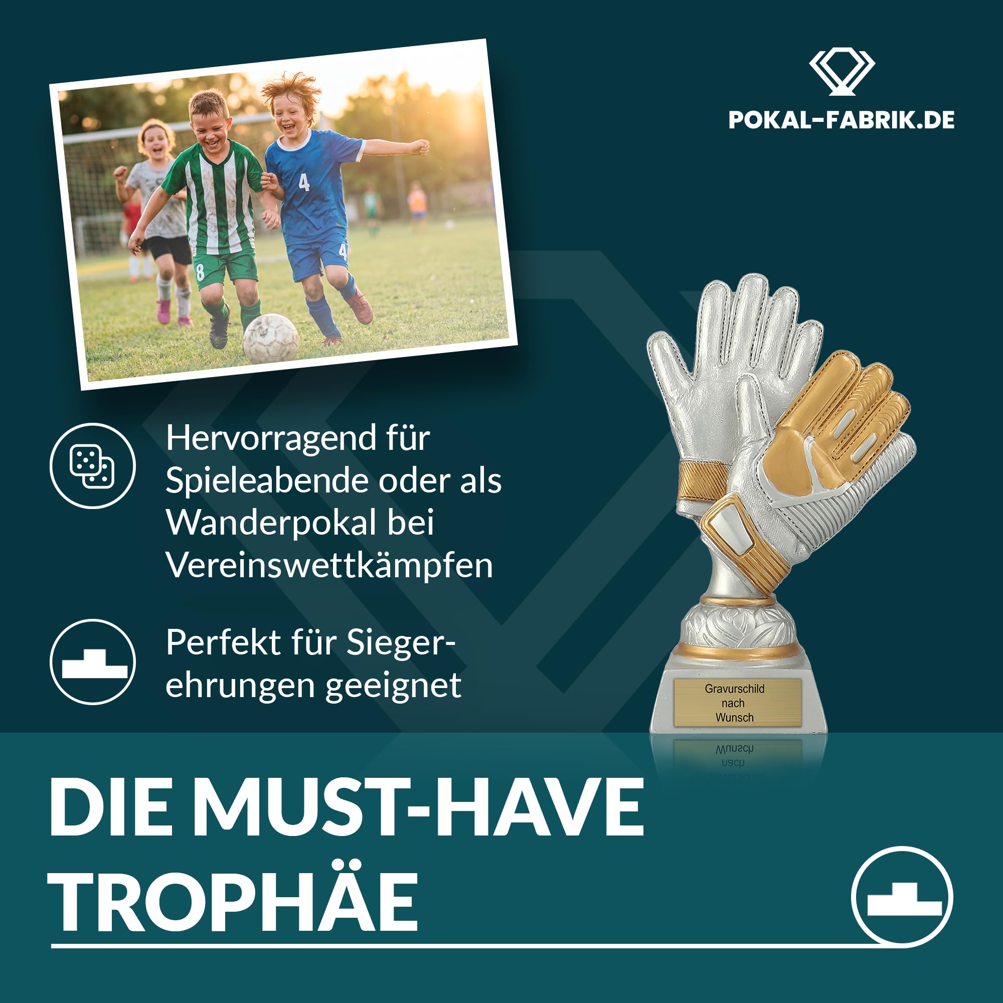 Pokal-Fabrik - Torwart-Handschuhe Fussball Pokal mit Gravur Wunschtext - Gold/Silber Trophäe 17 cm – personalisierte Auszeichnung für Fußball WM, Sport Events & Wanderpokal