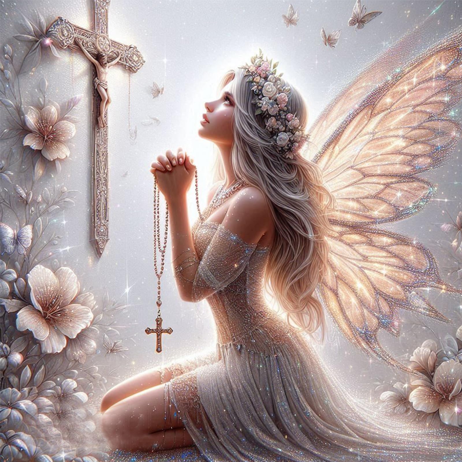 Poetrydraw V8342 Pastel Fairy With Flowers Diy 5D Round Drill Diamond Art Painting Kit For Adults & Beginners, Home Wall Decor, 15.75 X 15.75 In (V8 )