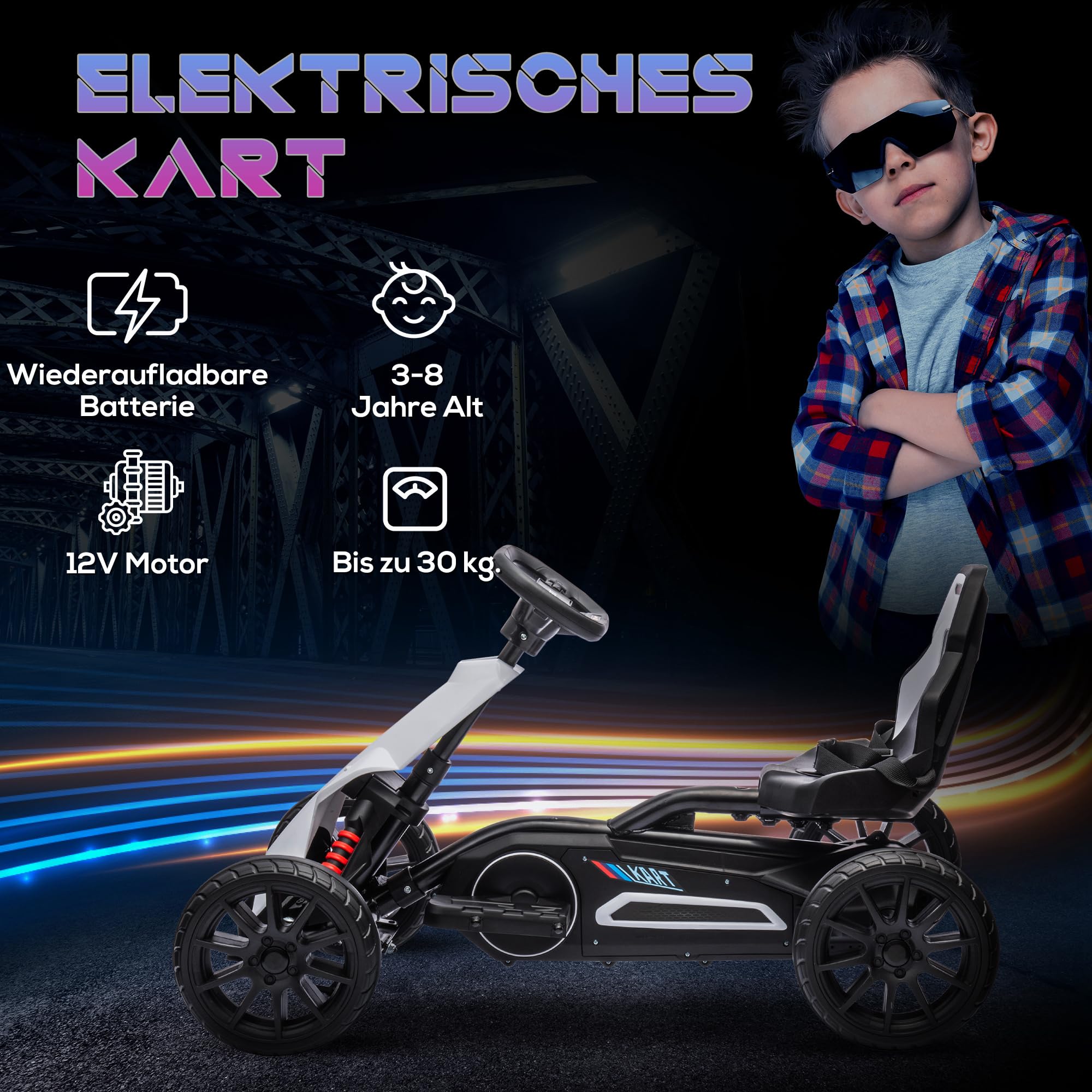 HOMCOM Kinder Elektro Gokart 12 V 3-5km/h Go Kart für 3-8 Jahre, Weiß | 2-Fach Verstellbarer Modus, Sicherheitsgurt, Lenkrad, Kinderfahrzeug