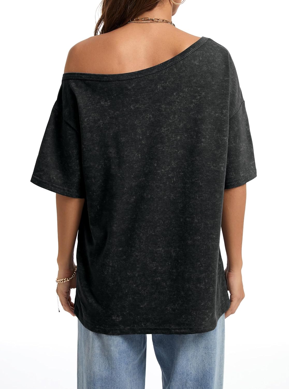 Hilinker Women Off The Shoulder Tops Oversized Vintage Short Sleeve Casual Summer T Shirts - Image 5