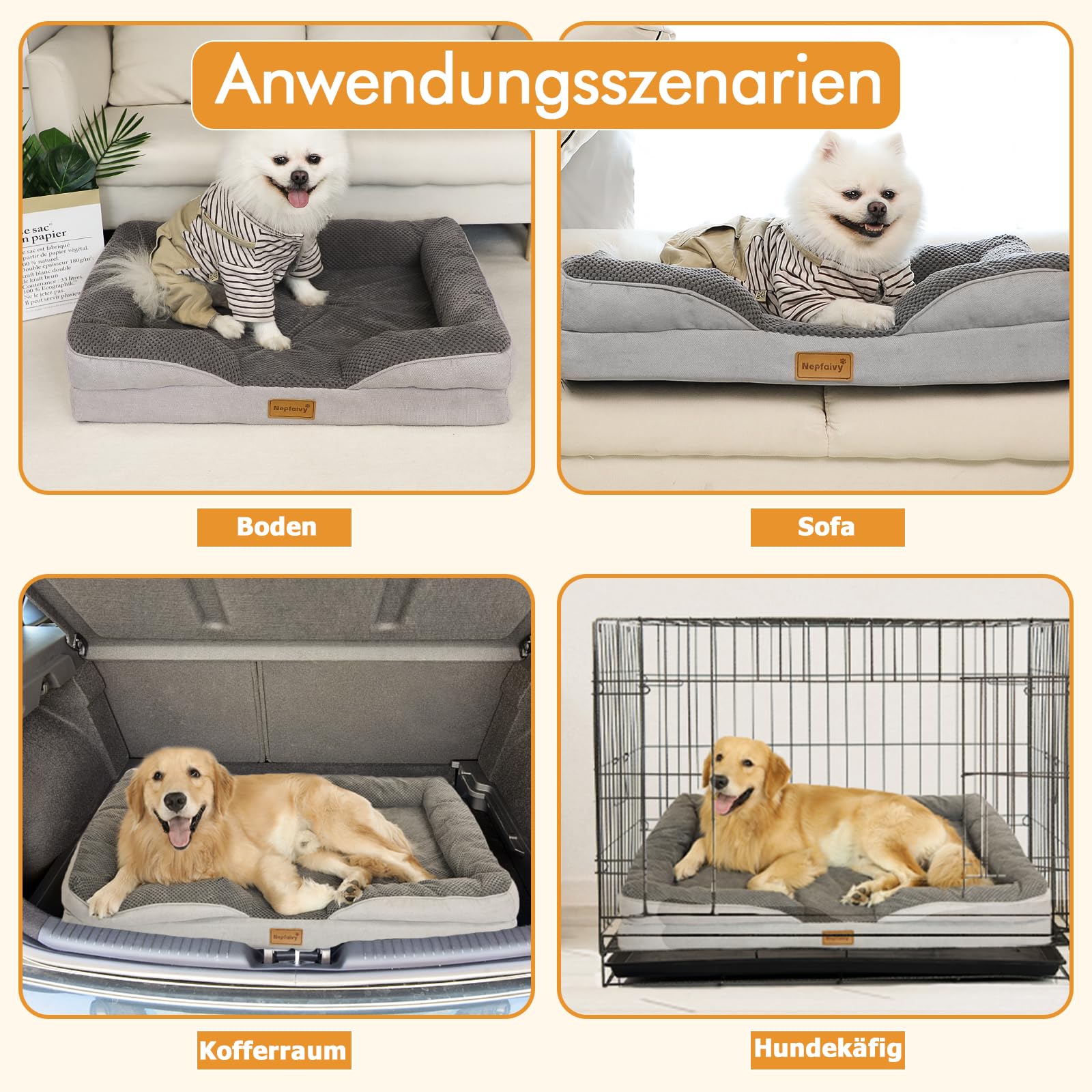 Nepfaivy Hundebett Grosse Hunde Orthopädisch - 111x80x17cm Hundekorb Hundesofa Waschbar mit Eiförmigem Schaumstoff, Hundecouch mit Hohem Rand und Rutschfestem Boden für Große Hunde