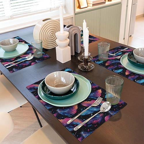 Miniatura 6 de Dining Table Placemats Set of 4-12x18 Inch Pink Blue Feathers Print Faux Linen Double Heat Resistant Place Mats, Kitchen Table Mats, Wipeable