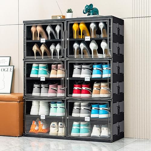 Miniatura 2 de JEKO&JEKO Zapatero plegable de 6 niveles para entrada de armario, caja de almacenamiento de zapatos plegable grande con puertas magnéticas (negro)