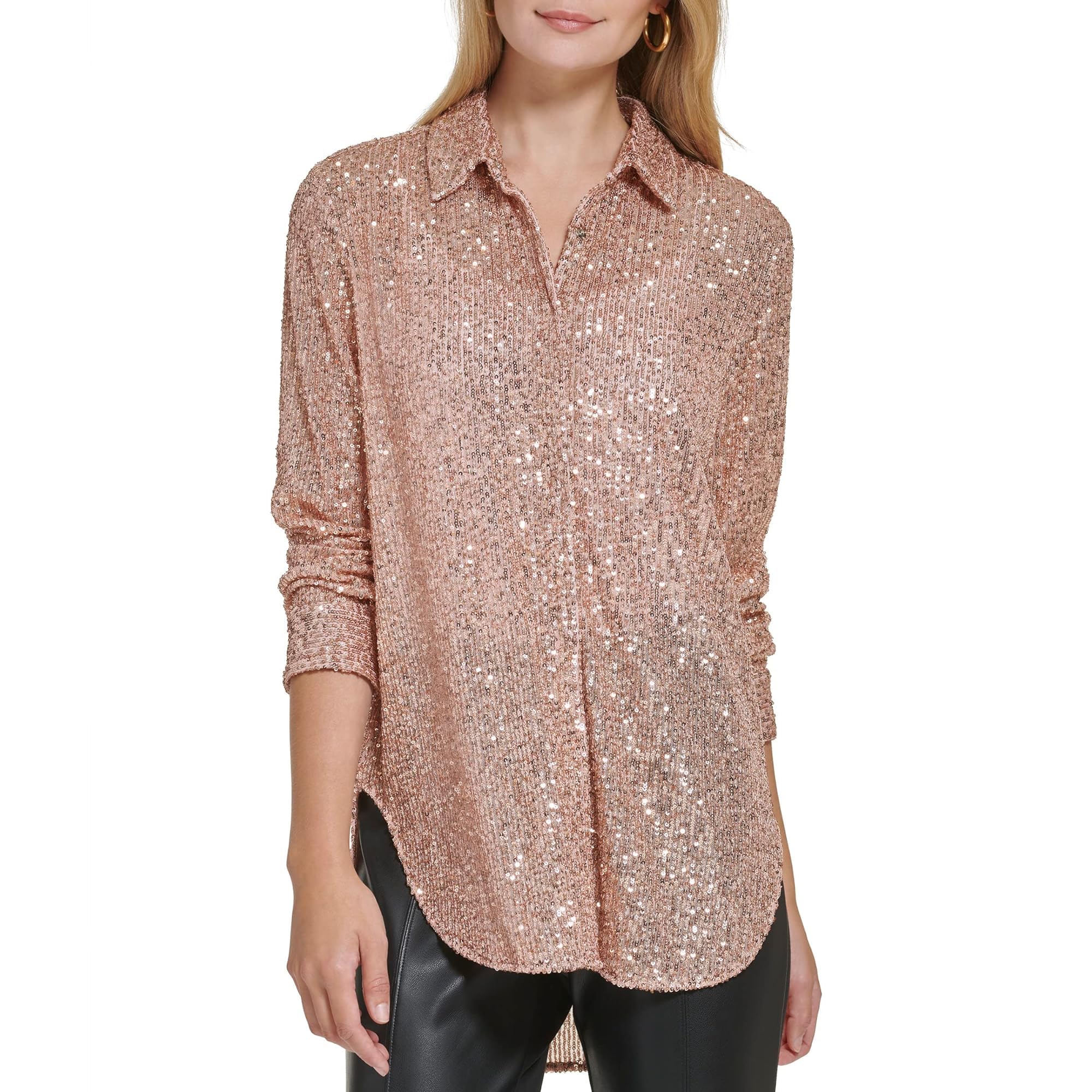 Calvin Klein Sparkly Tunic Long Sleeve Sequin Mesh Oversize Blouse Mujer