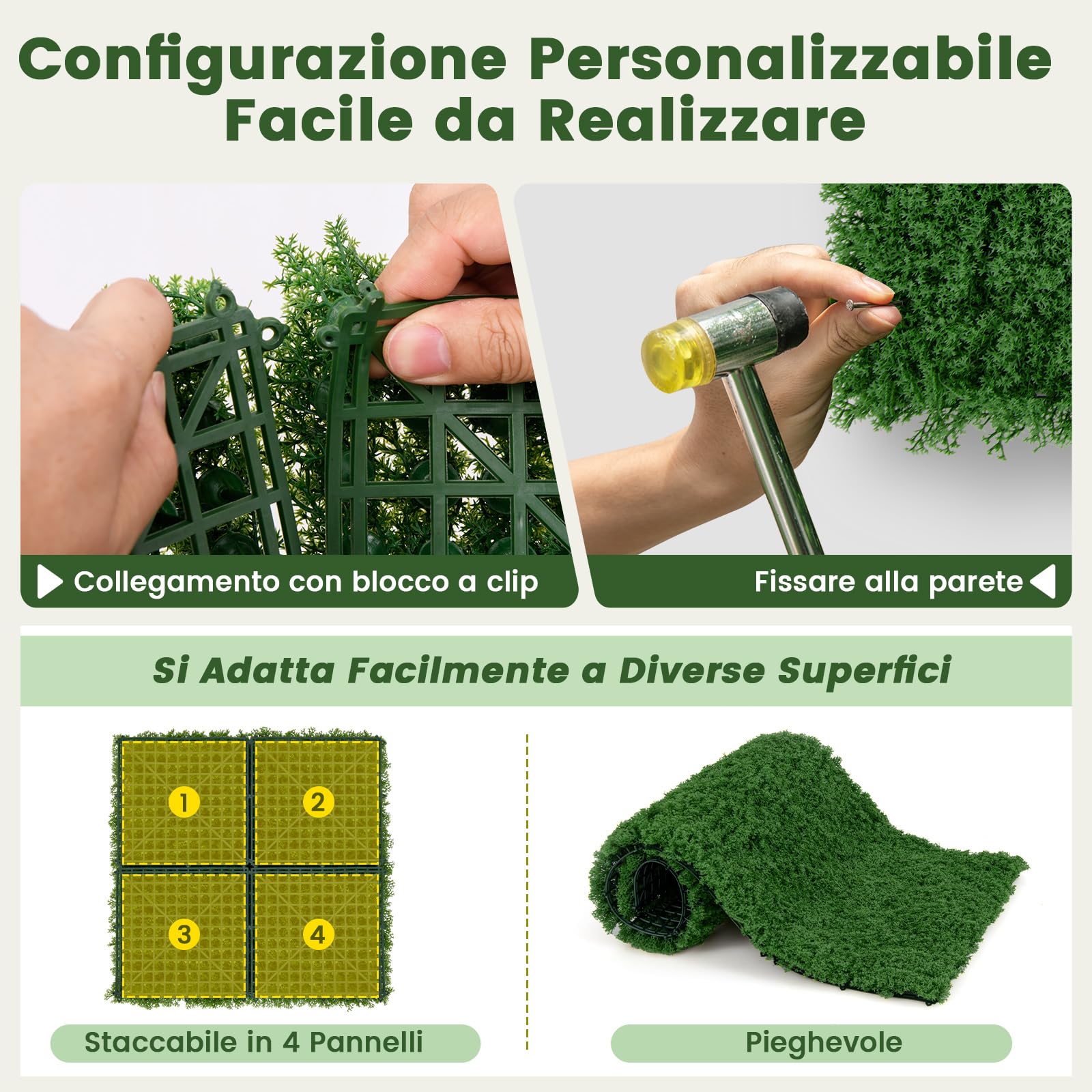 GYMAX Set da 12 Pannelli di Muro in Erba Artificiale, Retro di Muschio Verde Finto, Pannelli di Erba Finta con Struttura X-Stabile, Decorazione da Muro Verde per Festa, Matrimonio, Giardino