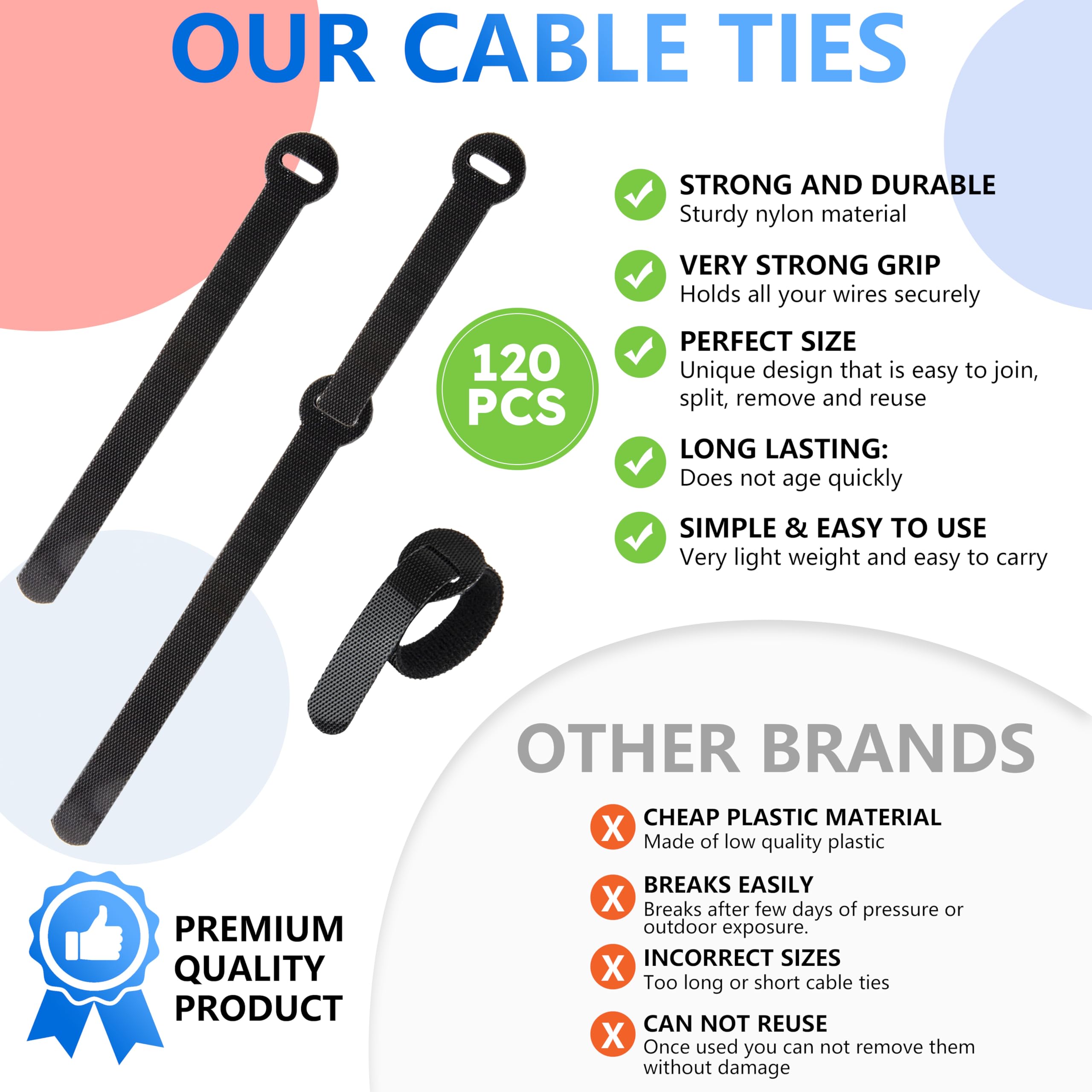 120x Multi-Sizes Black Reusable Cable Ties - Adjustable & Releasable in 3 Sizes for PC TV, Office, and Cord Management - Image 3