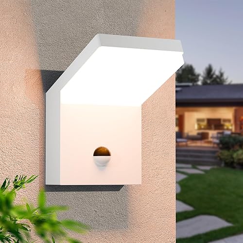 Lámpara de pared LED blanca con sensor de movimiento IP54, resistente al agua, para garaje, puerta delantera, patio, casa, 3000 K, 18 W, 1800 lm
