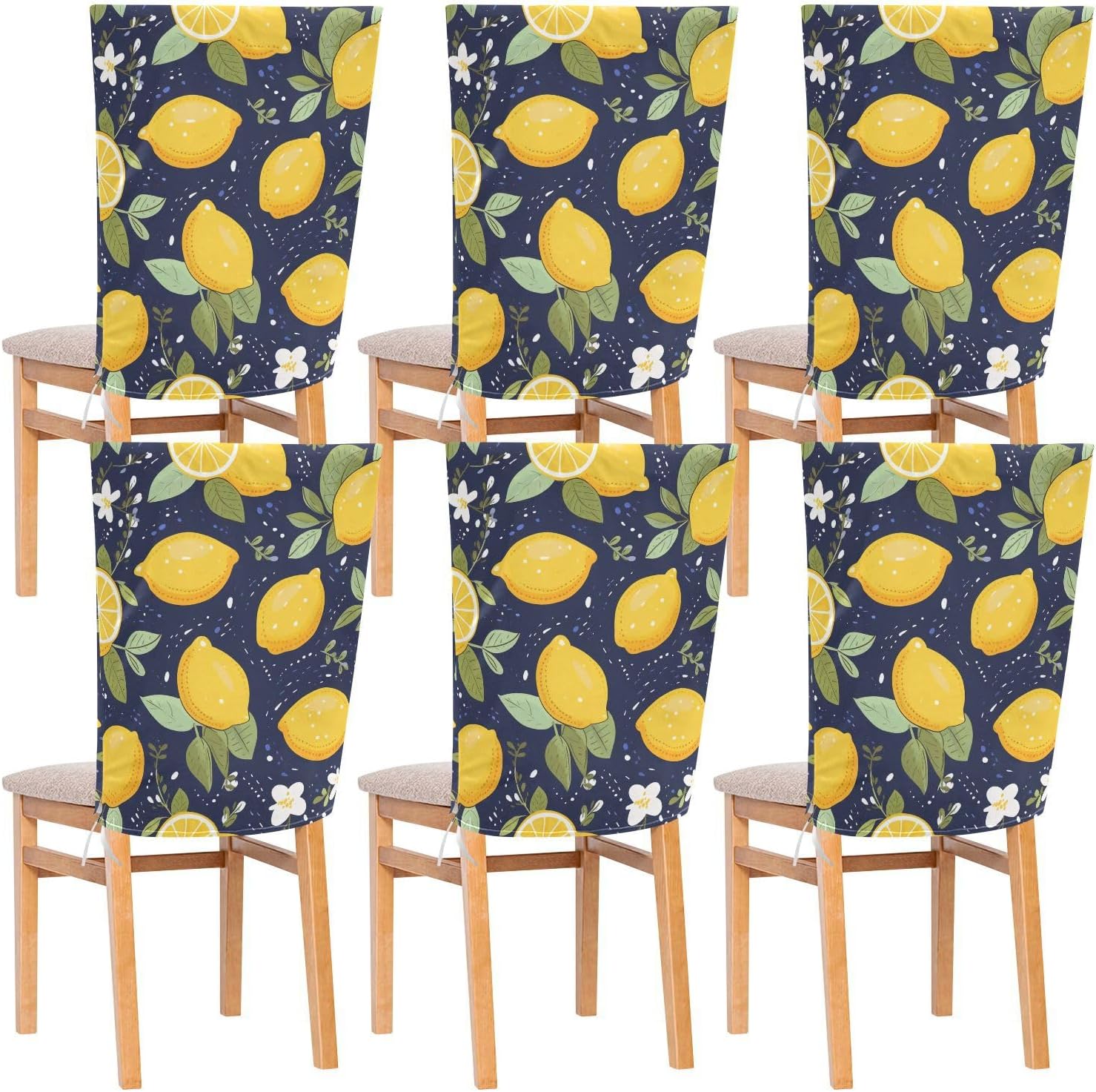 ALAZA Yellow Lemon Blue Background Chair Back Cover Set of 6, Washable Reusable Removable Chair Slipcovers Decorative Chair Cover for Home Kitchen Wedding Party
