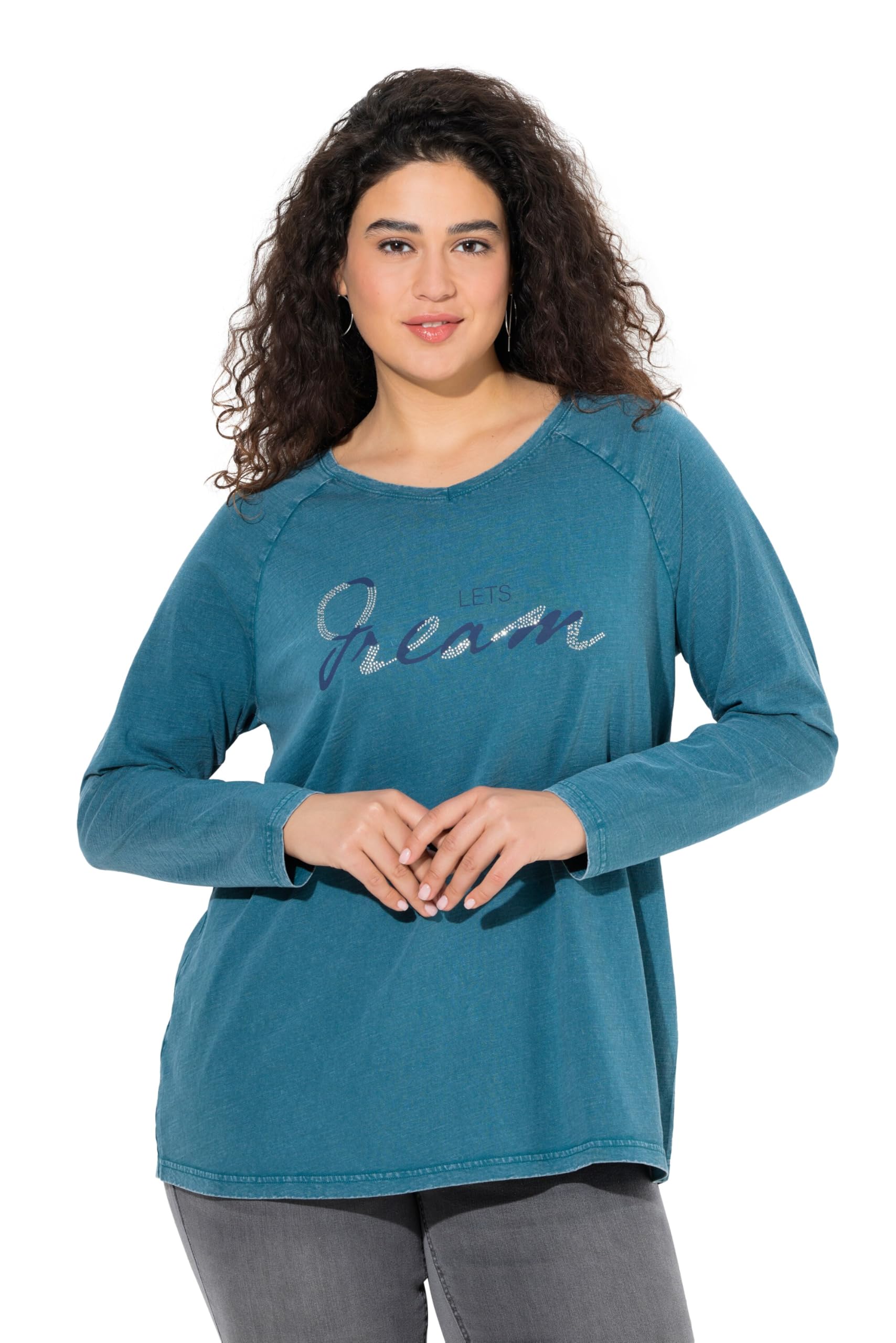 Ulla Popken Damen große Größen Übergrößen Plus Size Shirt, Vintage-Look, A-Linie, V-Ausschnitt, Langarm 842034