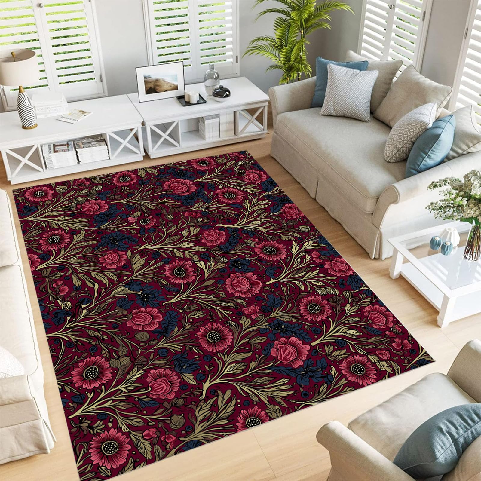 Moquette de chambre poils ras bordeaux vigne florale 60x90