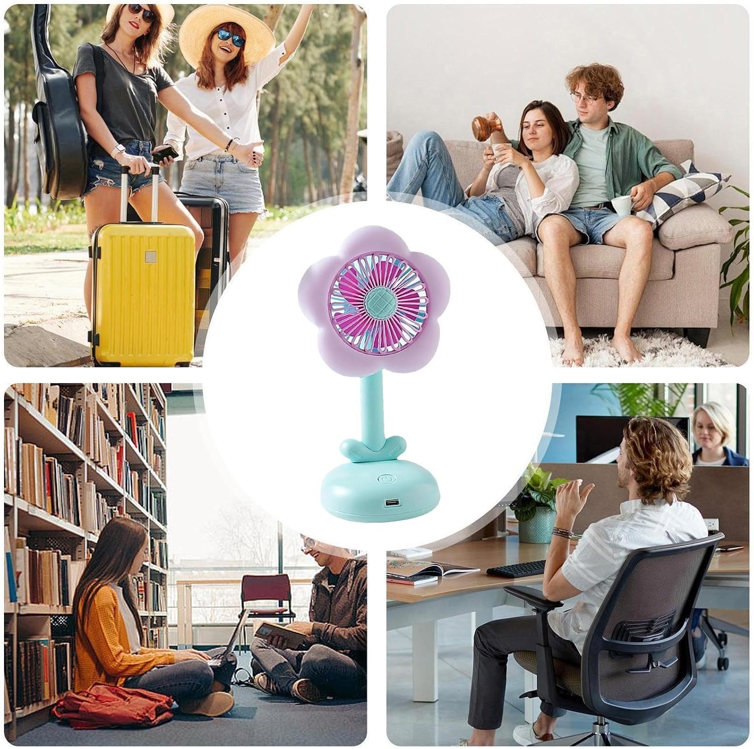 Quiet Desk Fan, Flower Small Cooling, Bedroom Air Circulator, Night Light Accessory, Two Speed Device, Girls Women Travel, Hiking Picnic Outdoor, for Home Daily Summer Comfort Supplies