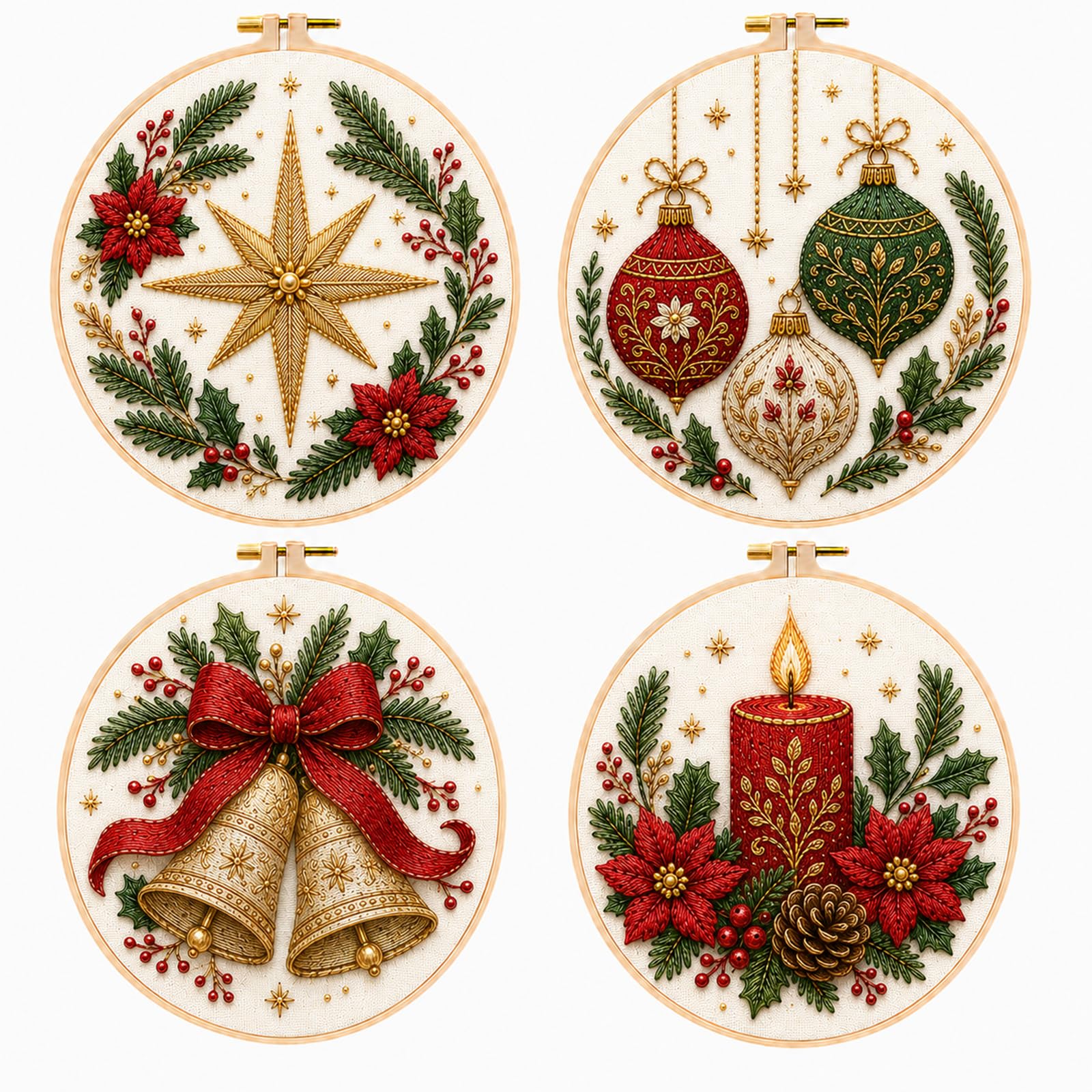 Christmas Embroidery Kit for Adult Beginners, 4-Piece Water-Soluble Hoop