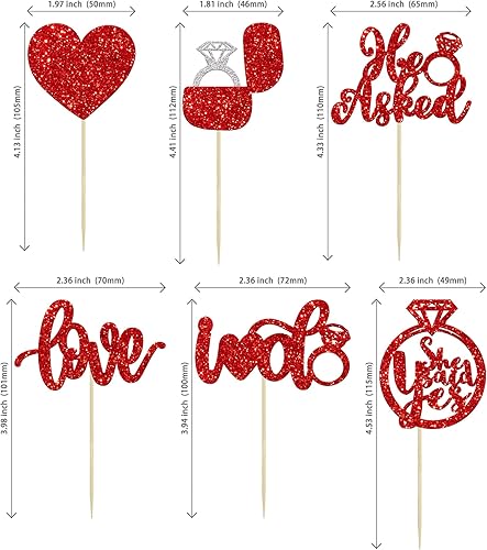 Miniatura 2 de 24 piezas de decoración de cupcakes con purpurina roja con corazón y texto en inglés "He Asked She Said Yes" para bodas, compromisos, despedidas de