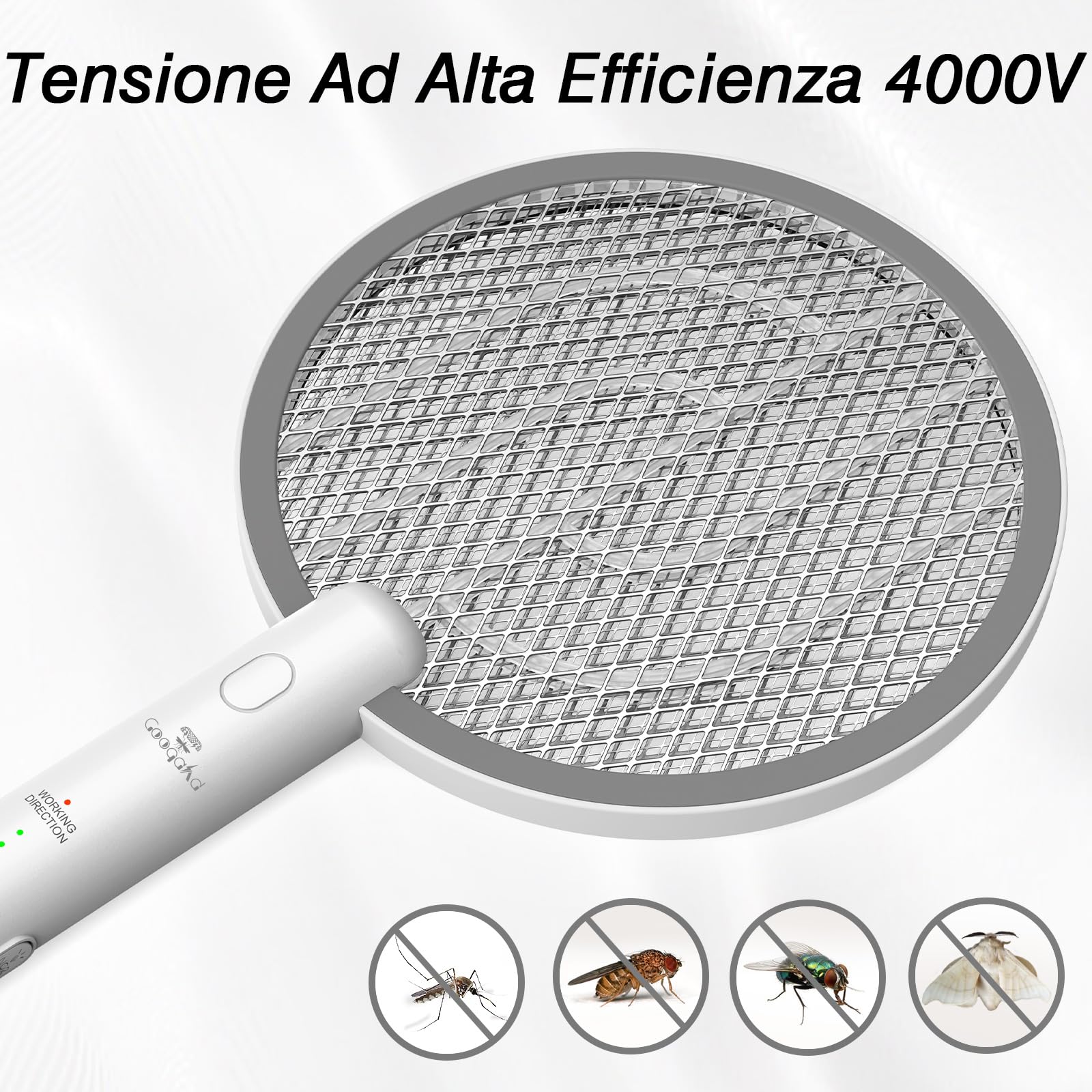 2 Pezzi LED Racchetta Zanzare Elettrica, 4000 Ricaricabile 2-In-1 Racchetta Zanzare Elettrico con USB, Protezione Maglia a 3 Strati, Adatto per Campeggio Interni ed Esterni Bianco