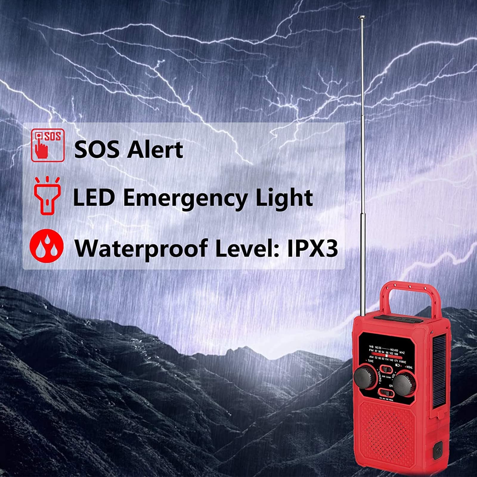 Radio awaryjne 5000mAh Solarne radio z korbą ręczną, z AM/FM/WB, latarką, lampką do czytania, alarmem SOS