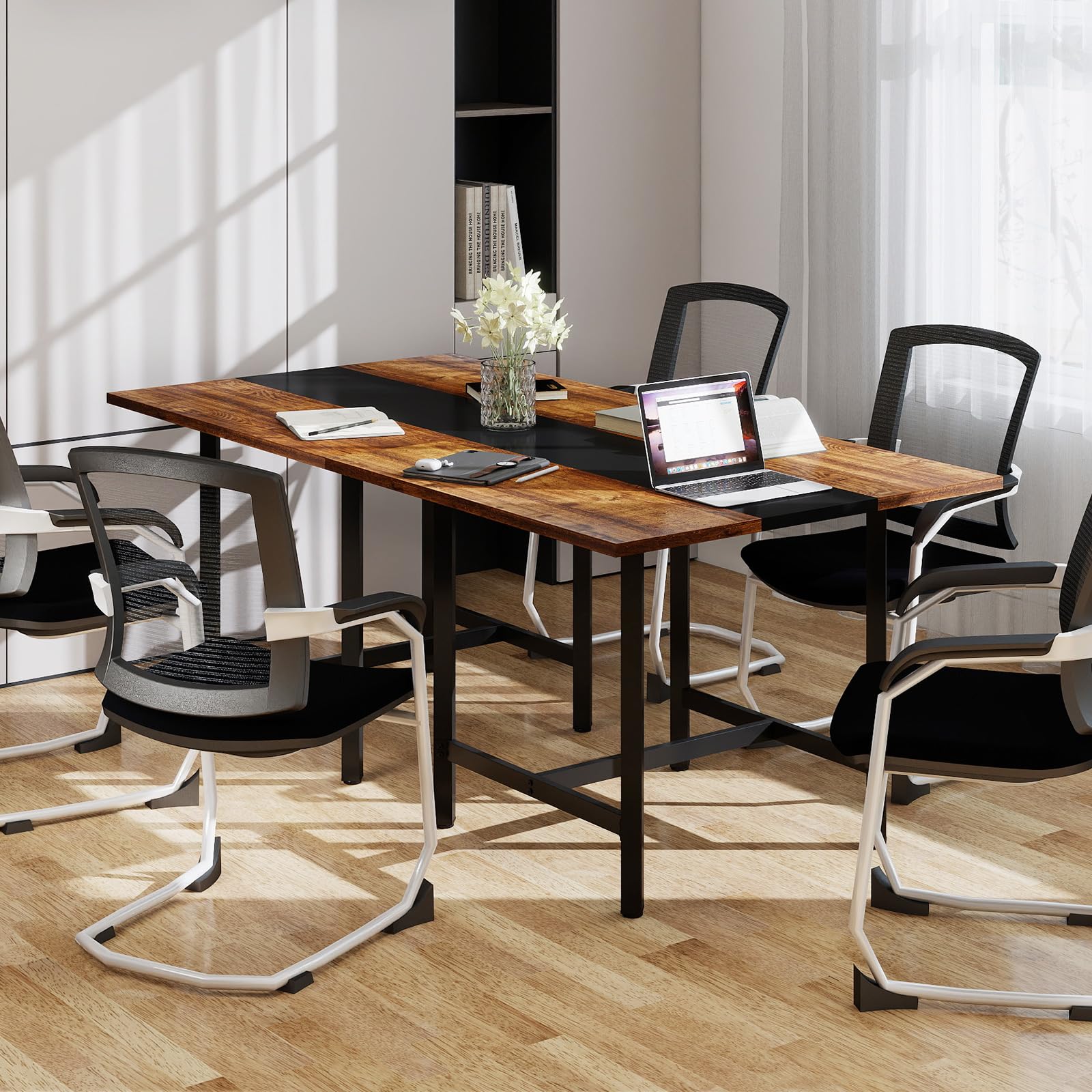 COSTWAY Konferenztisch, quadratischer Besprechungstisch mit Metallrahmen, Seminartisch zusammensetzbar für 4 Personen, Büro, Vorstandszimmer, Esszimmer (100 x 100 x 75 cm,Rustikal Braun + Schwarz)