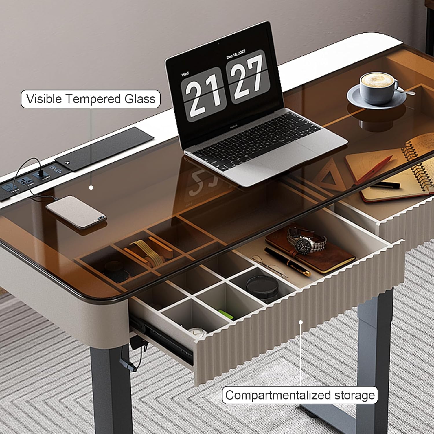 Lartis Office Desk, Electric Computer Lift Table Standing Desk with Drawer Charging USB Port, Home Office Laptop Table with Drawer (Ivory, 29.5" H x 50" W x 23" D)