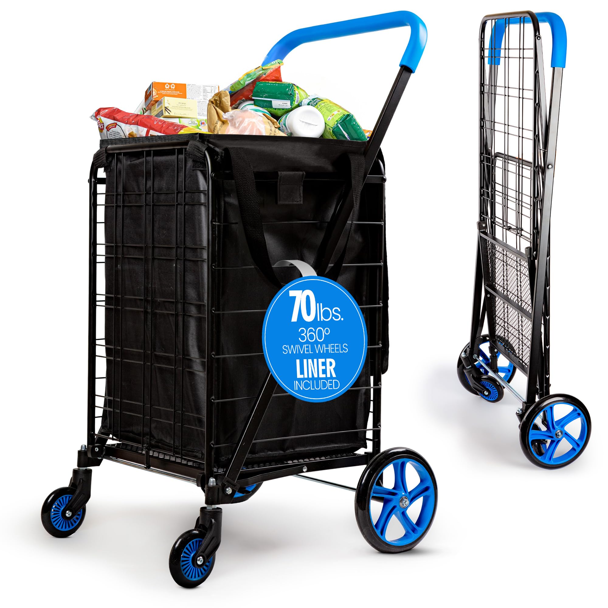 SereneLife Small Compact Folding Shopping Cart with Removable Waterproof Liner – 360° Swivel Wheels, Rust‑Proof Steel Frame, 70lb Capacity – Portable Grocery, Laundry & Travel Cart (Blue)