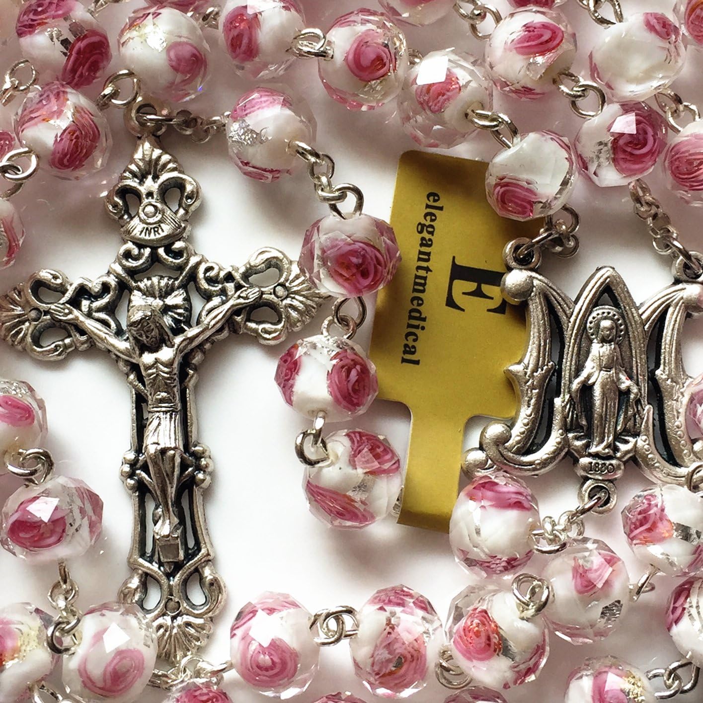 elegantmedical Handmade ROSE PINK Veluriyam ROSE BEADS ROSARY & ITALY CROSS MEDAL Catholic necklace GIFT BOX - Image 3