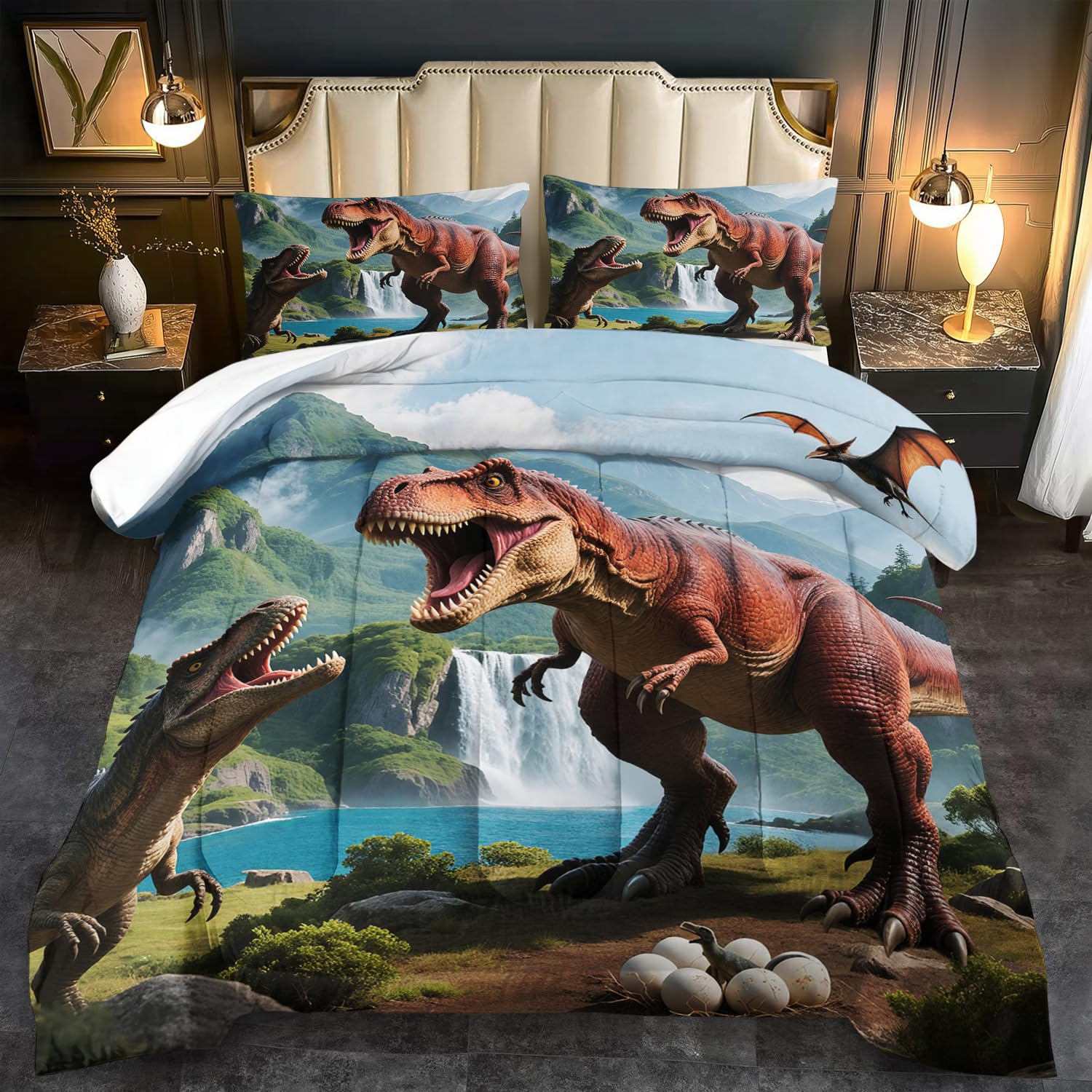 Red Dinosaur Comforter Set for Boys Dinosaur Bedding Bearded Dragon Bedding Set for Kids Teens Wild Animals Comforter T-rex Bedroom Decor Tyrannosaurus Rex Home Decor