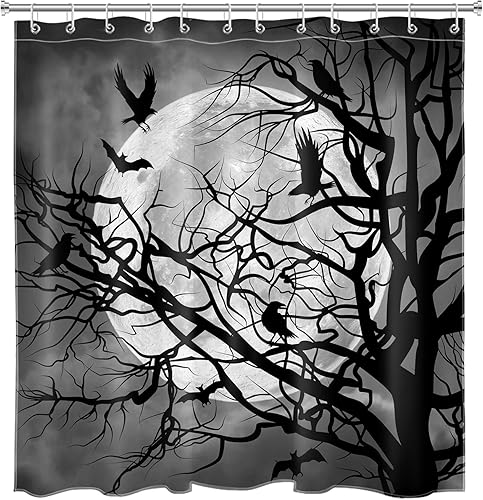 Miniatura 7 de EOBTAIN Cortina de ducha de cuervo de Halloween, terror, murciélagos y cuervos en árbol muerto en la noche oscura, cortina de ducha para baño,