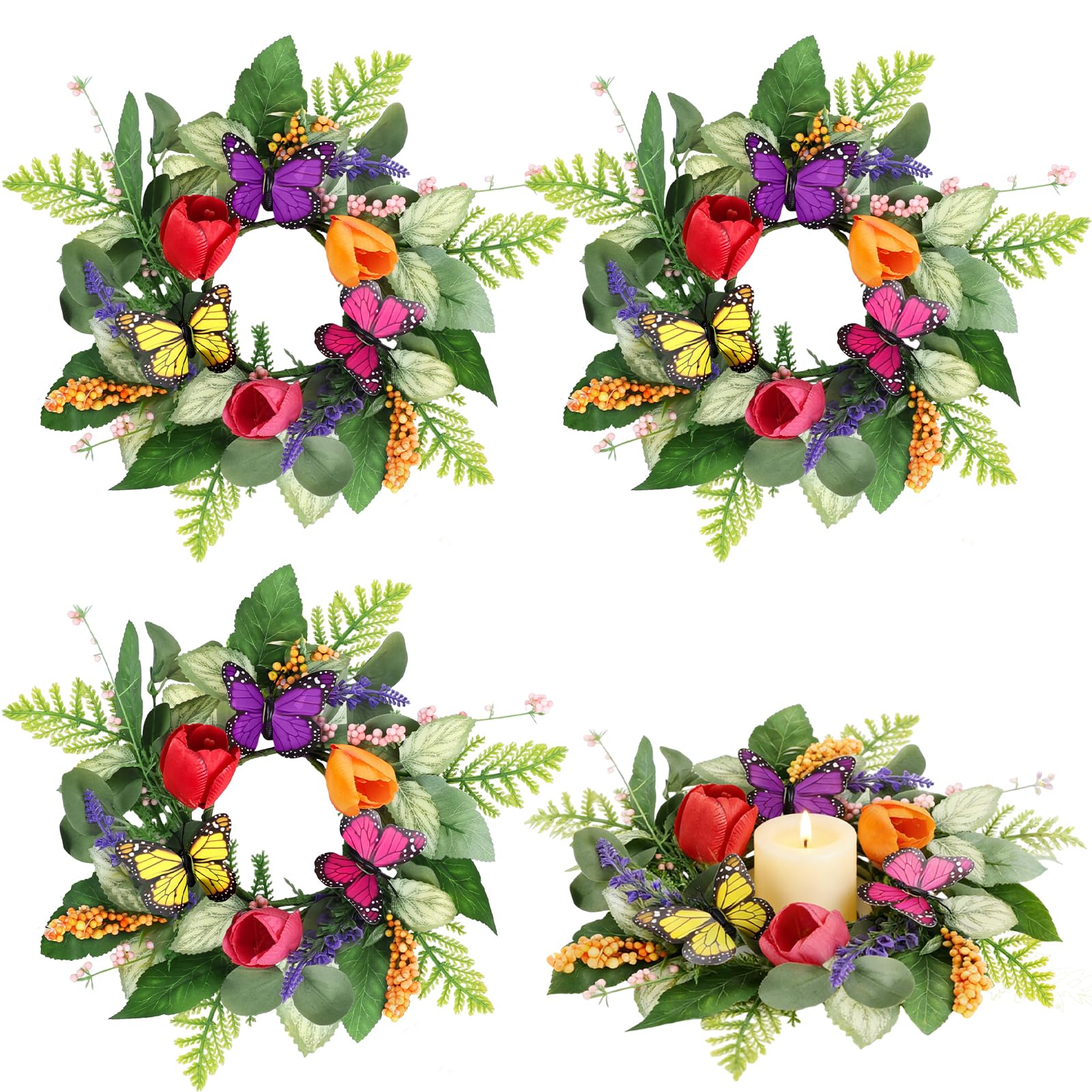 4 PCS Summer Lavender Tulips Candle Rings Wreaths Artificial Floral Pillar Candle Holder Wreaths with Butterfly Mini Spring Summer Candle Rings for Table Centerpiece Home Farmhouse Cabinet Porch Decor