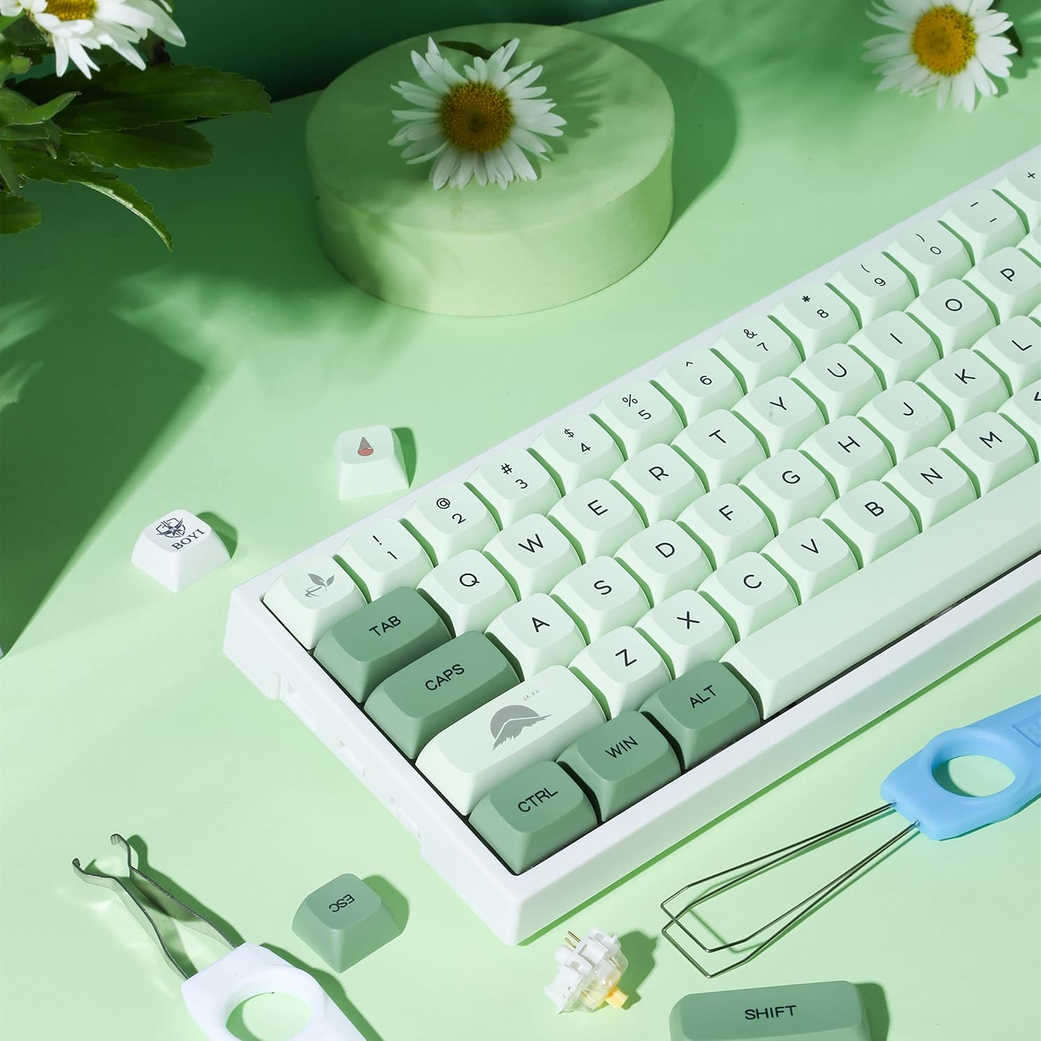 BOYI WK68 Hot Swappable RGB Mechanical Keyboard,Wireless Bluetooth 5.0/2.4G/Wired Type-C Tri-Mode PBT Sublimation Keycaps 65% Gaming Keyboard(Gateron Brown Switch, Matcha XDA Keycaps)