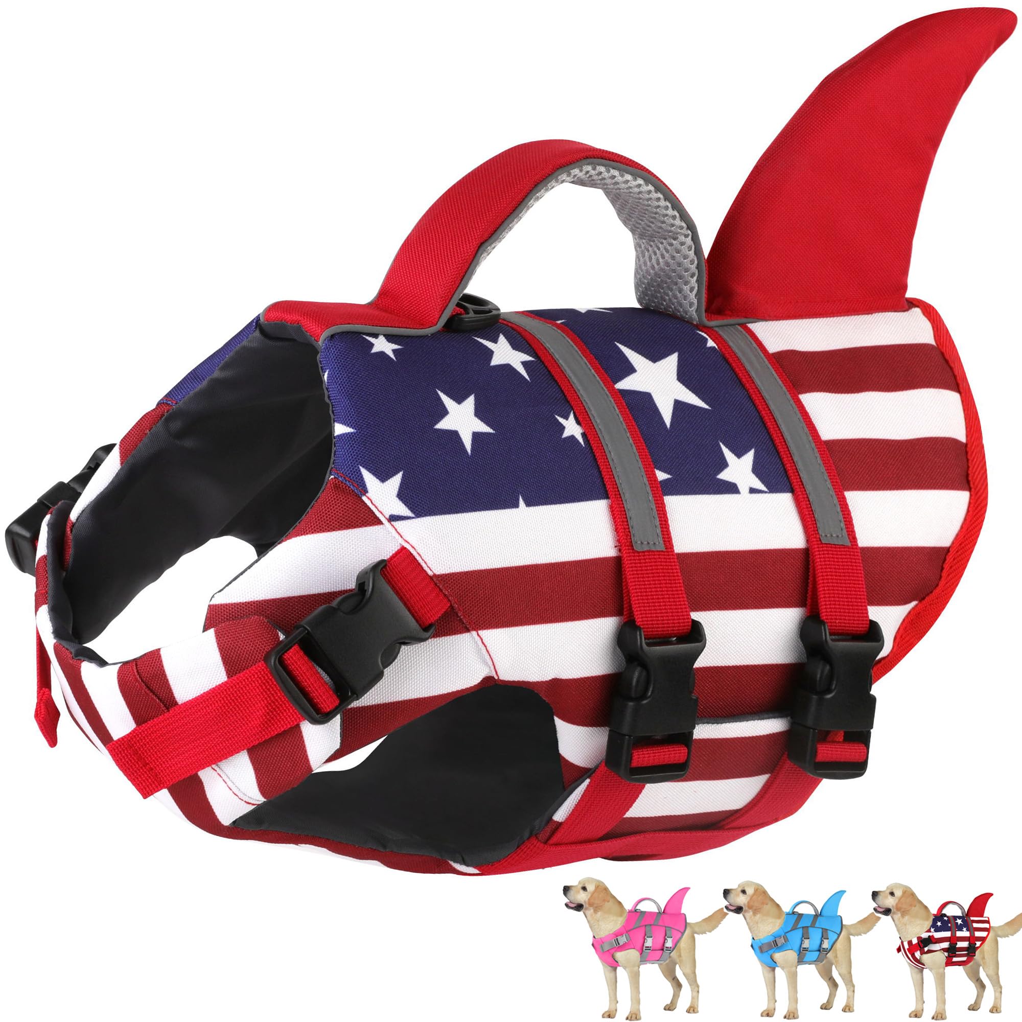 Dogcheer Harness-Style Dog Life Jacket Shark, Reflective American Flag Dog Life Vest for Swimming Boating, High Buoyancy Pet Swim Vest for Small