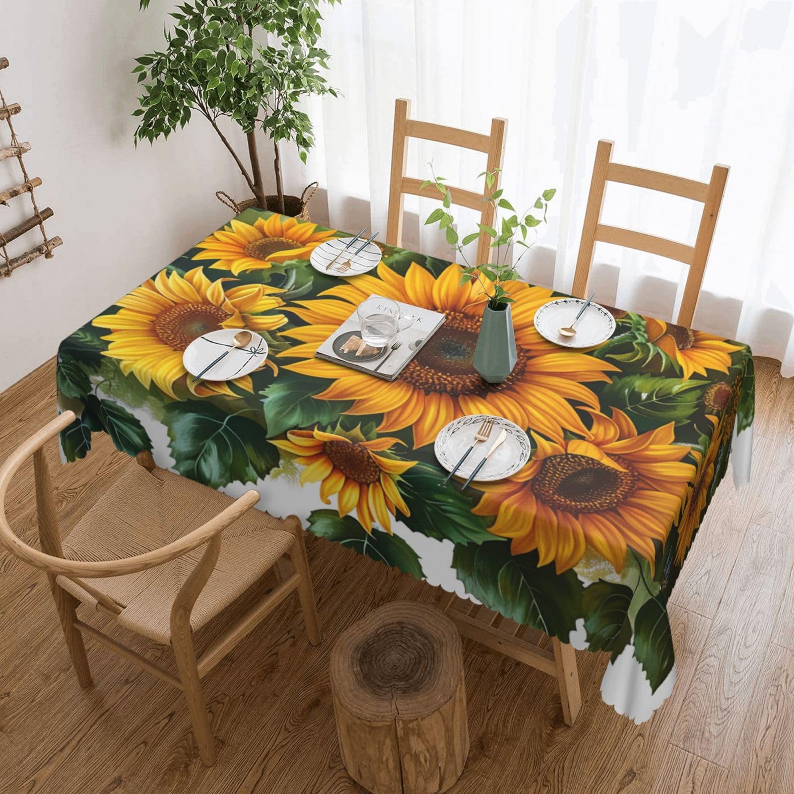 WPKJU Sunflowers Art Printed Rectangle Tablecloth 72x54 Inch with Lace Trim, Water-Resistant Washable Table Cover for Farmhouse Weddings, Outdoor Picnics & Holiday Dining