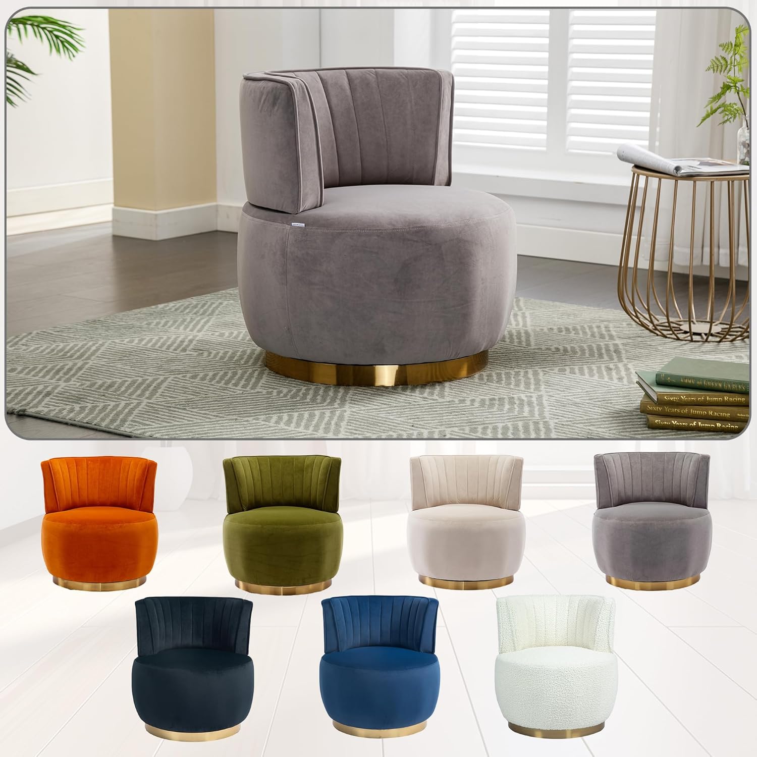 360° Swivel Barrel Accent Chair, Gray Round Club Arm Chair with Metal Base, Modern Single Sofa Seating, Velvet Reading Seat in for Living Room, Bedroom, Office (Grey)