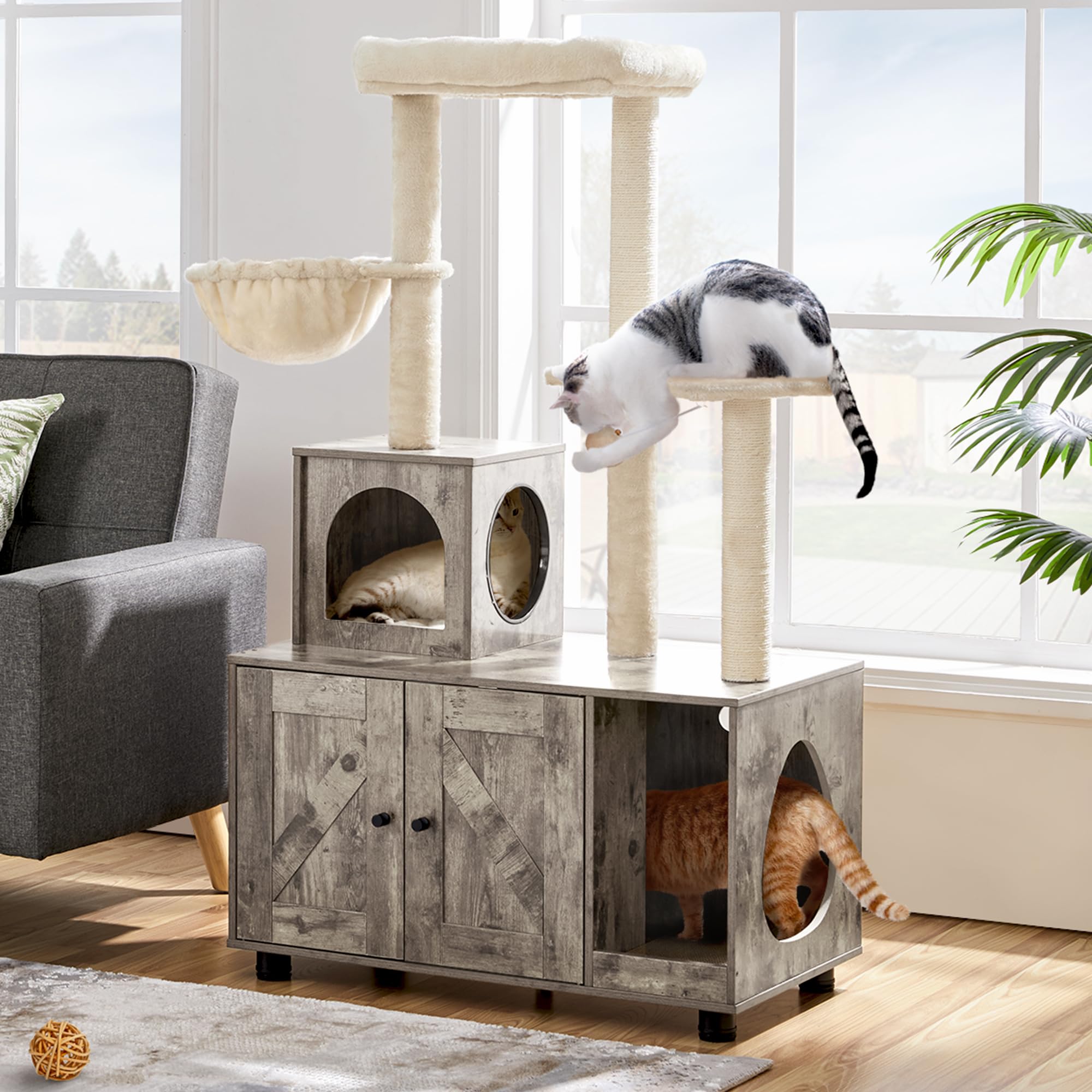 Yaheetech Árbol Rascador para Gatos con Caja de Arena de Altura 134.5cm Torre 2 en 1 de Varios Niveles Torre Escalador de Sisal con 2 Plataformas 1 Pompón 1 Cesta Arenero Oculto Madera Gris Beige