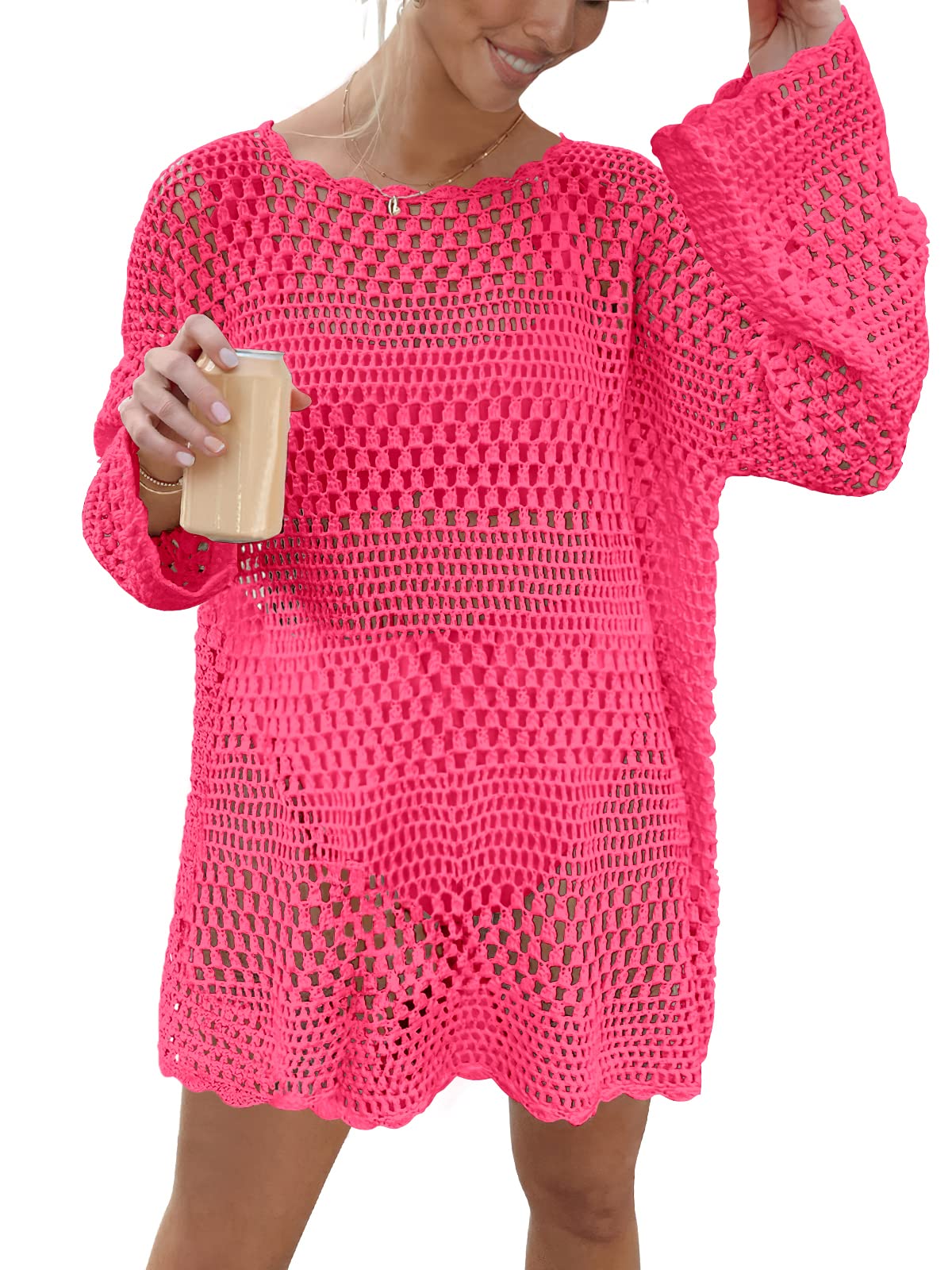 anrabess women swimsuit crochet swim cover up summer bathing suit swimwear knit pullover beach dress hot pink