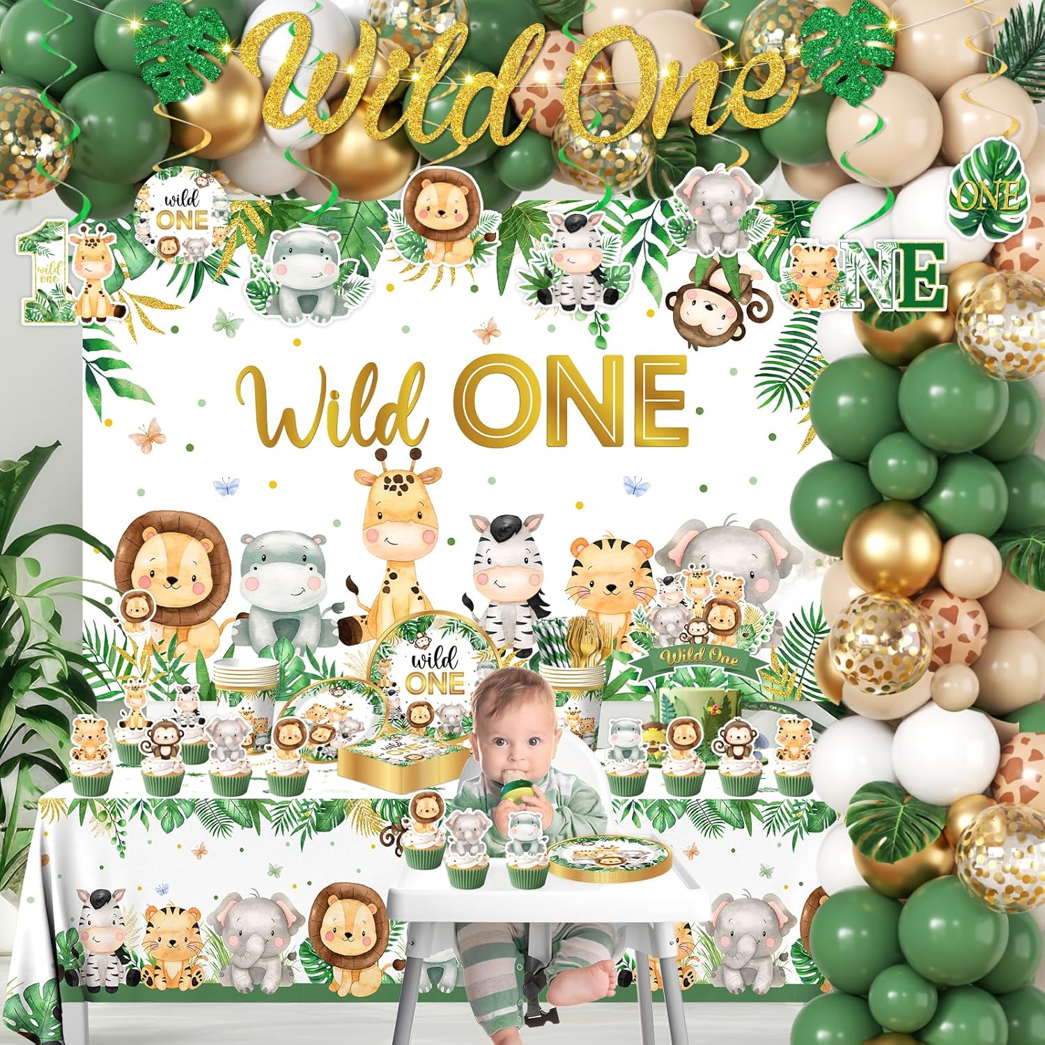 Wild Birthday Decorations,Safari Birthday Decorations 277Pcs Wild Plates and Napkin Sets Banner Backdrop Tablecloth Cake Topper Balloon Garland for Jungle 1st birthday Decorations