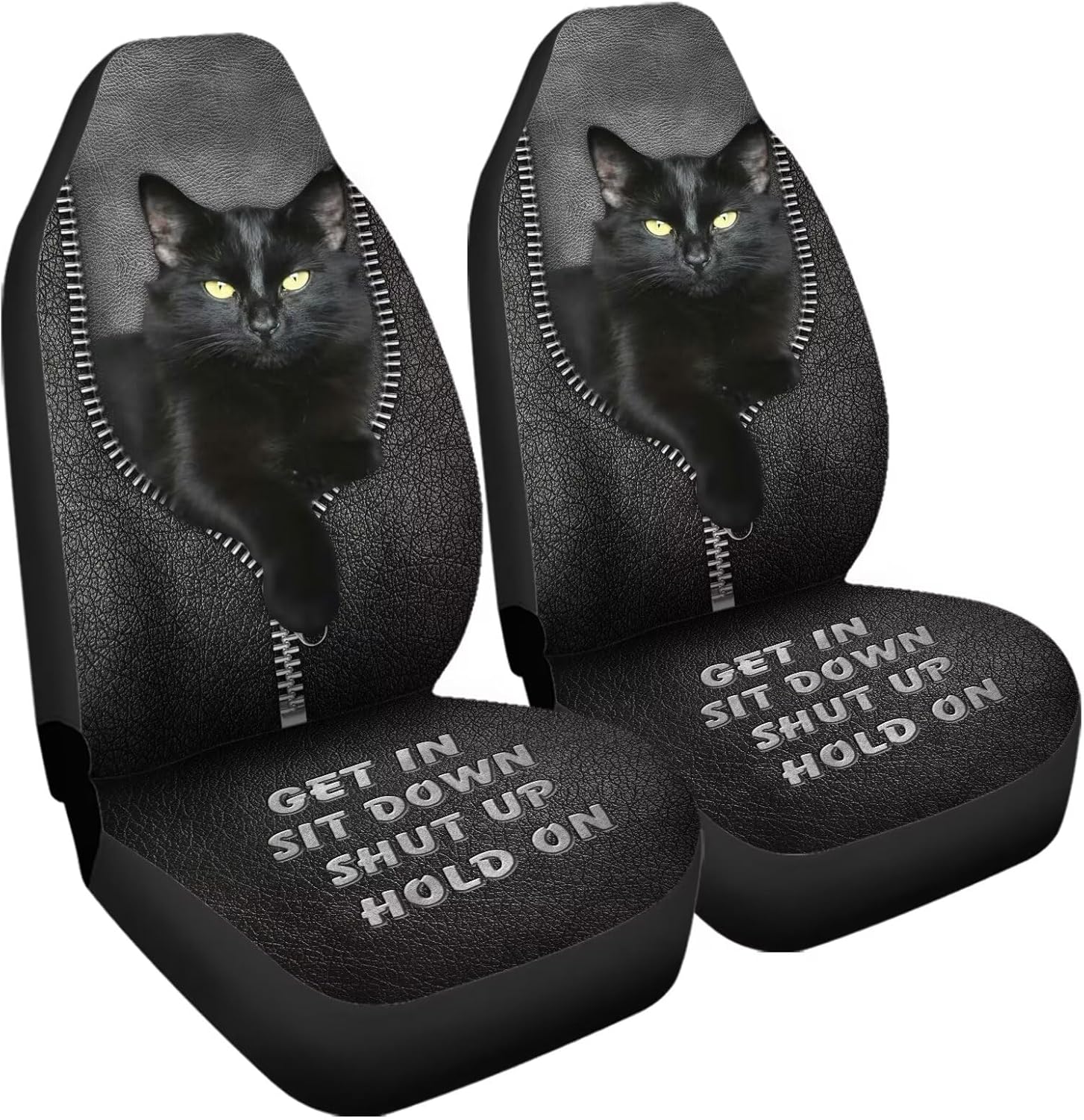 Black Bombay Cat & Zip Print Auto Seat Cover, Thin Breathable Universal Car Front Seats Accessories Interior Decor 2 Pcs