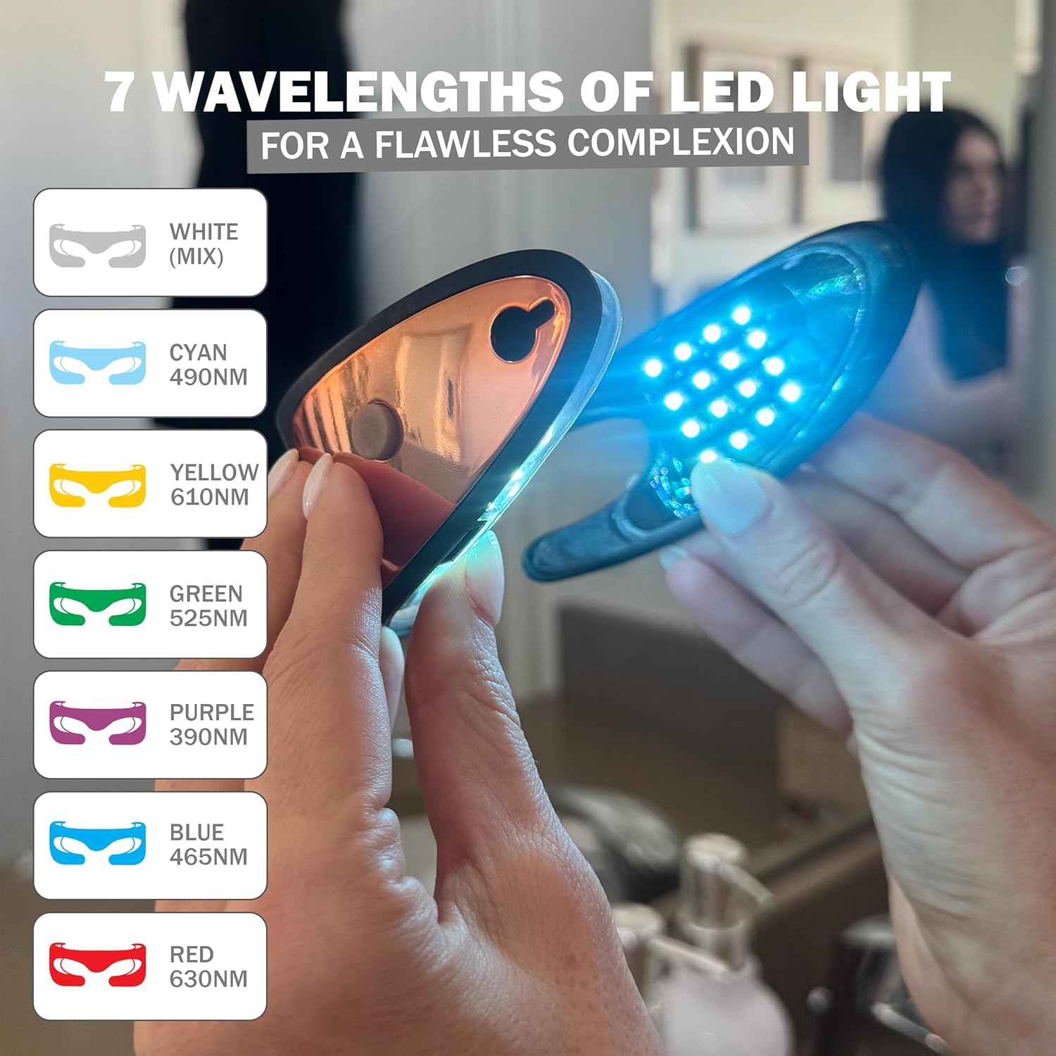 Hand holding GLO24K Bionic 7 Color LED Eye Care Mask showing different LED light colors and their wavelengths