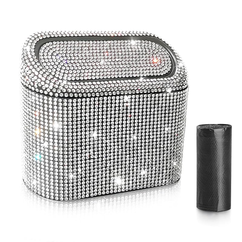 Lixeira Automotiva Compacta Accmor com Tampa e Gancho, Revestimento com Strass Preto e Branco, 30 Sacos