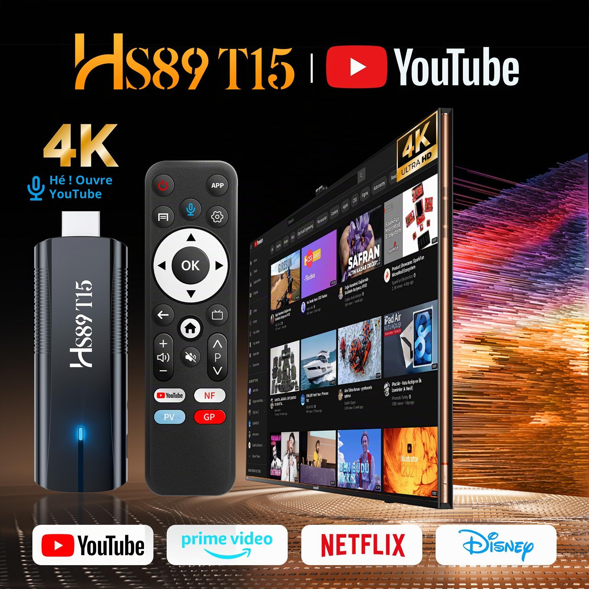 Clé TV Android 14, RK3539 Quad-Core, 2 Go de RAM 16 Go de ROM, WiFi 6, BT 5.4, 4K