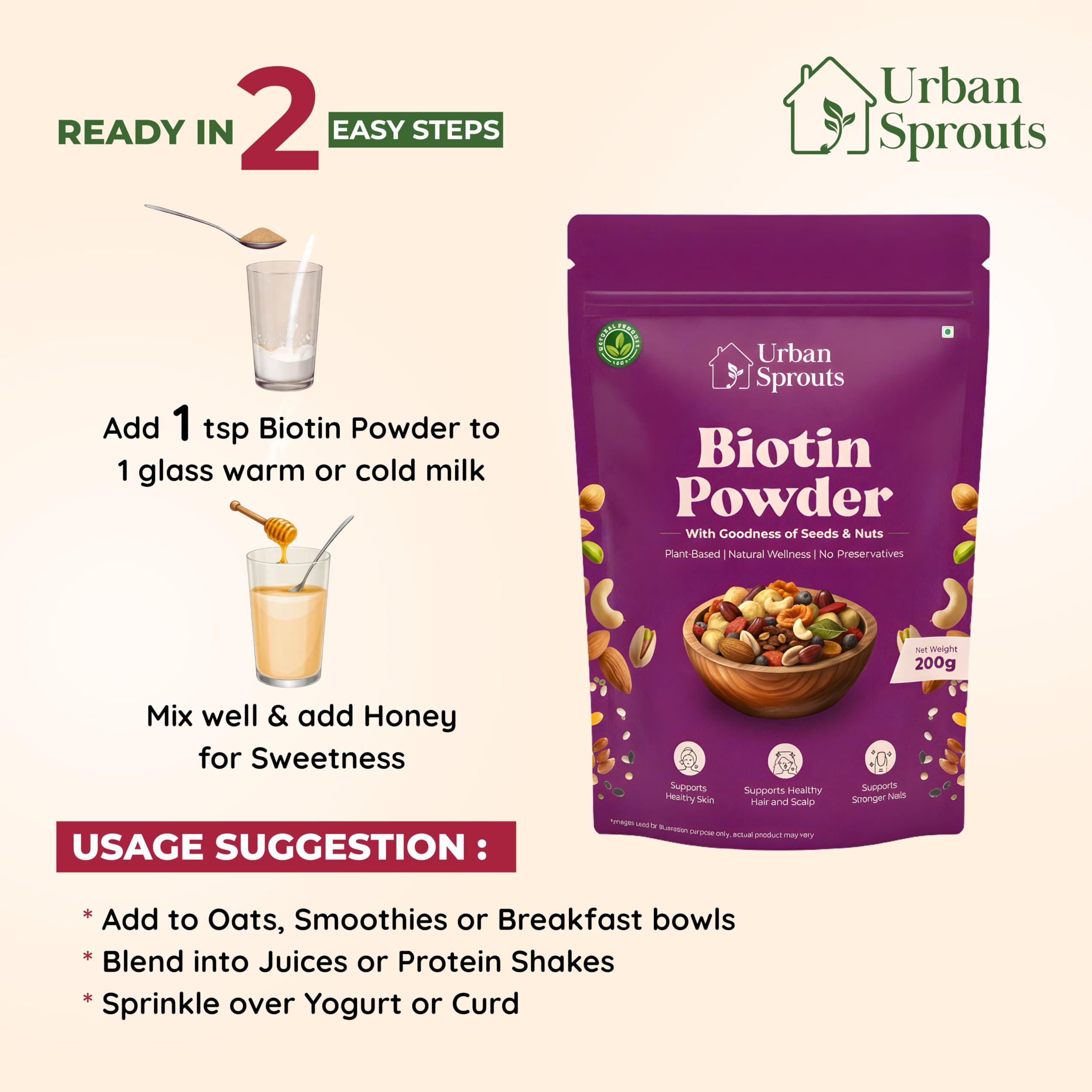 Biotin Powder | Plant-Based Nutrition Mix with Seeds, Nuts, Millets & Moringa | Natural Source of Vitamin B7 | Protein & Fiber Rich Superfood | No Preservatives | 200 Grams — Amazon image 4