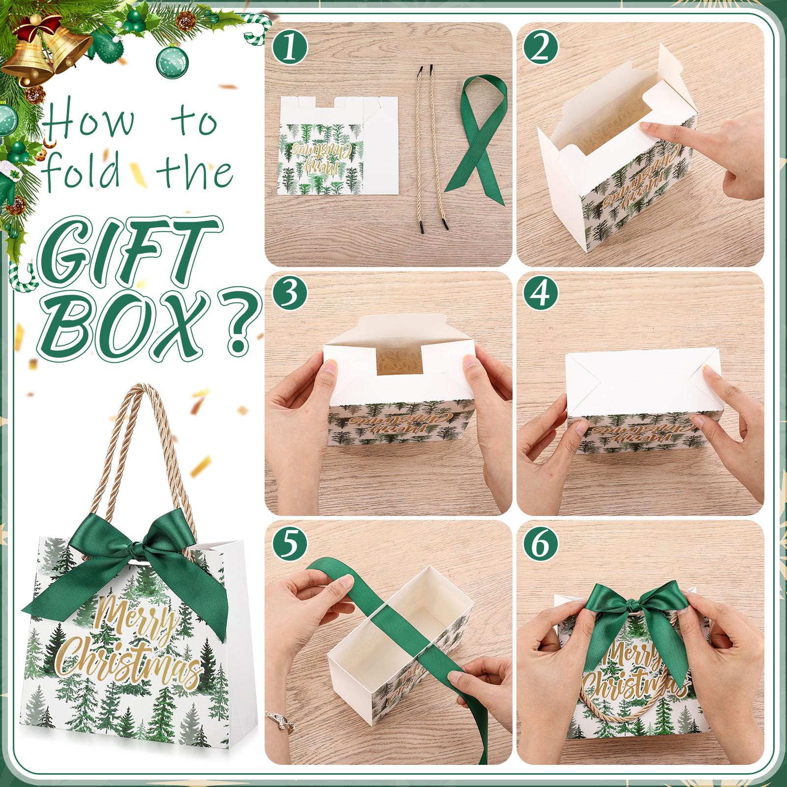 Moinchore Lot de 40 petits sacs cadeaux de Noël avec poignées et ruban 14 x 6 x 12 cm (aquarelle, sapin de Noël)