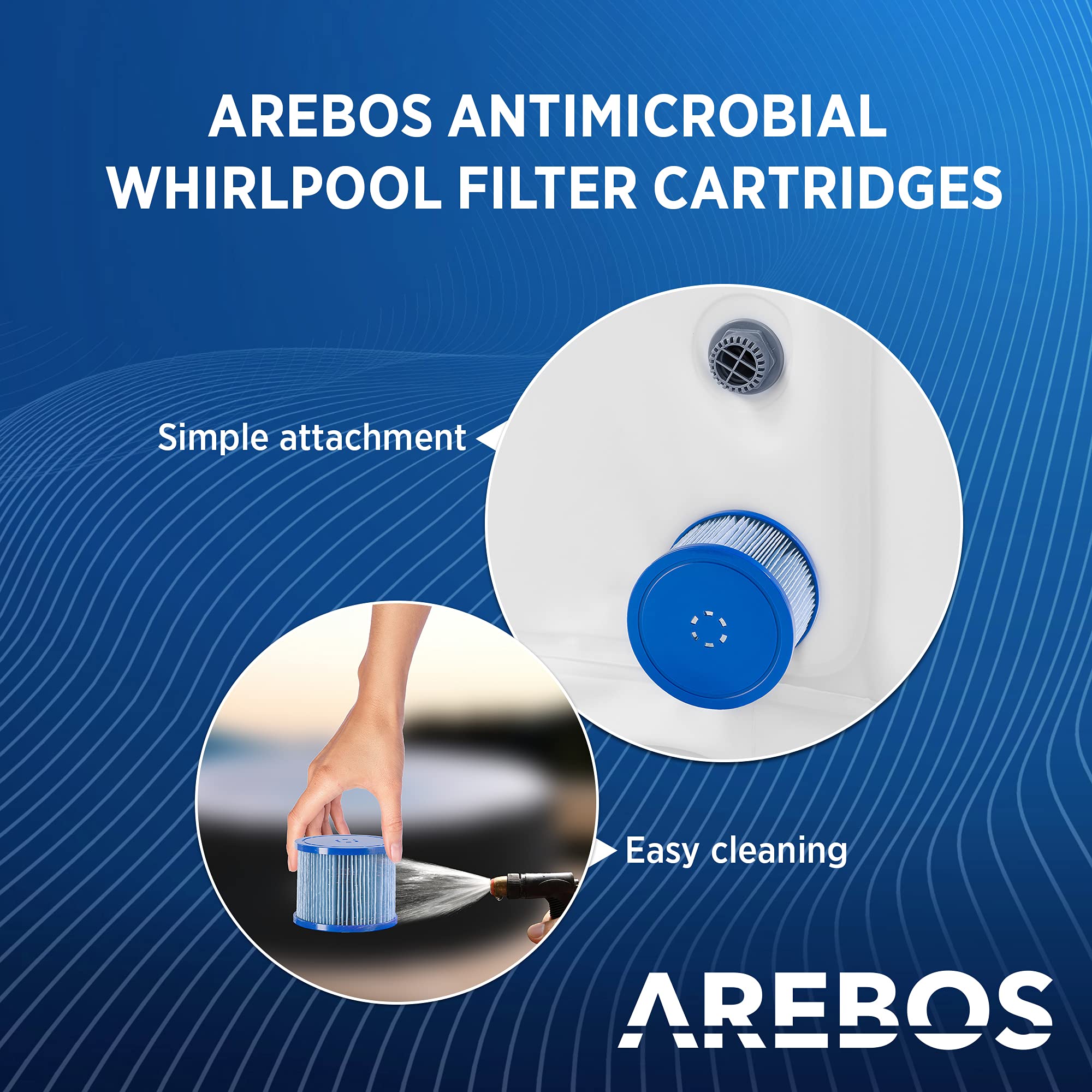 AREBOS Wkłady Flowclear | Filtr basenowy | 6X wkłady filtrujące do wanien spa z hydromasażem | Filtr antybakteryjny | Niebieski