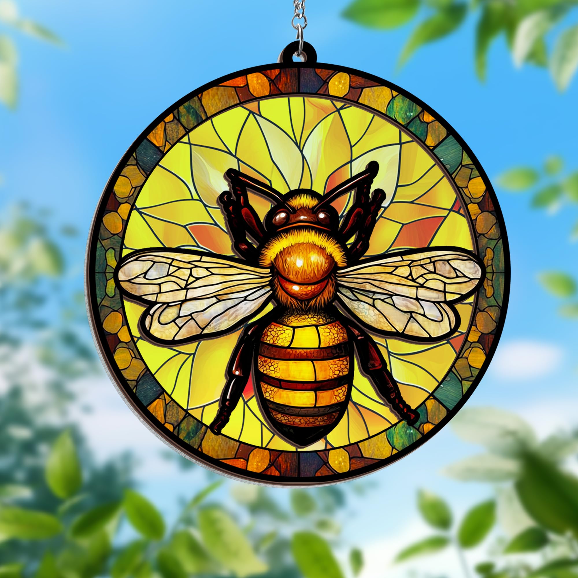 Bee Hippie Decoration Window Hanging Suncatcher MLN3847WH, 8x8 in - Indoor, Outdoor, Home Decor, Window Suncatcher Hanging Decorations