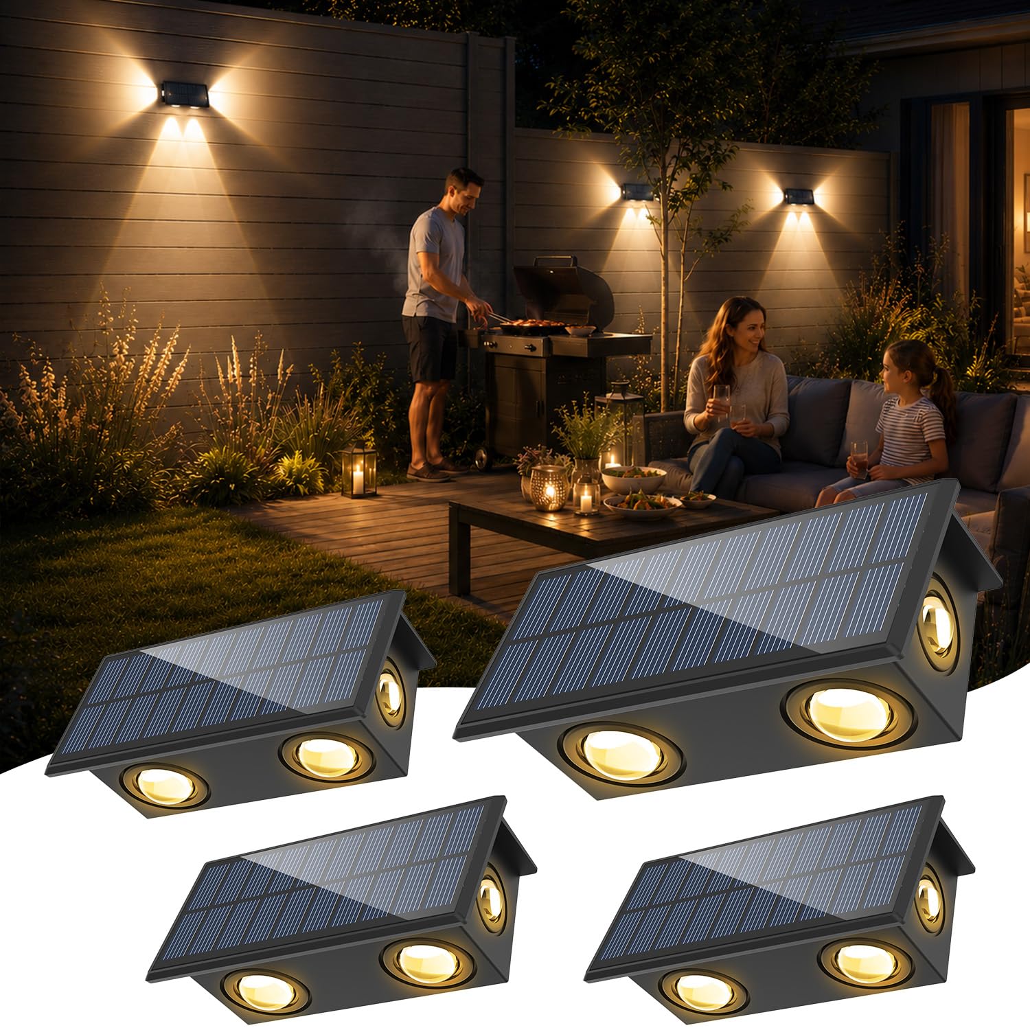 NATPOW Aplique Solar Pared Exterior, 4 Piezas Luz Solar Exterior Pared Blanco Cálido, Luces Pared Solar con Iluminación en Tres Direcciones, IP65 Impermeable para Patio, Valla, Porche, Garaje