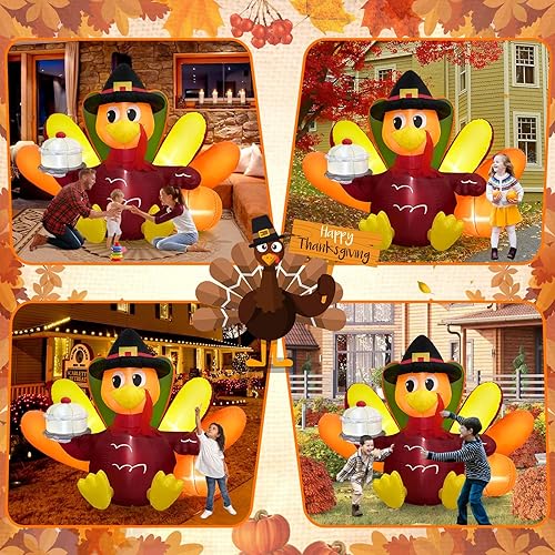Miniatura 8 de Danxilu Pavo inflable de Acción de Gracias de 6 pies, decoración al aire libre, colorido pavo inflable de cola grande con pastel luces LED