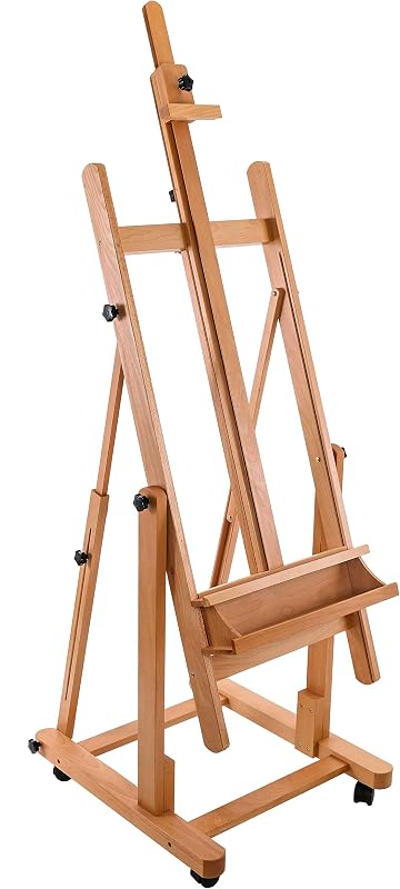 Heavy Duty Extra Large Adjustable Wood H-Frame Easel - Sturdy Wooden Stand, Locking Caster Wheels - Studio Artist Easel for Painting, Canvas Holder Display, Sturdy Beechwood