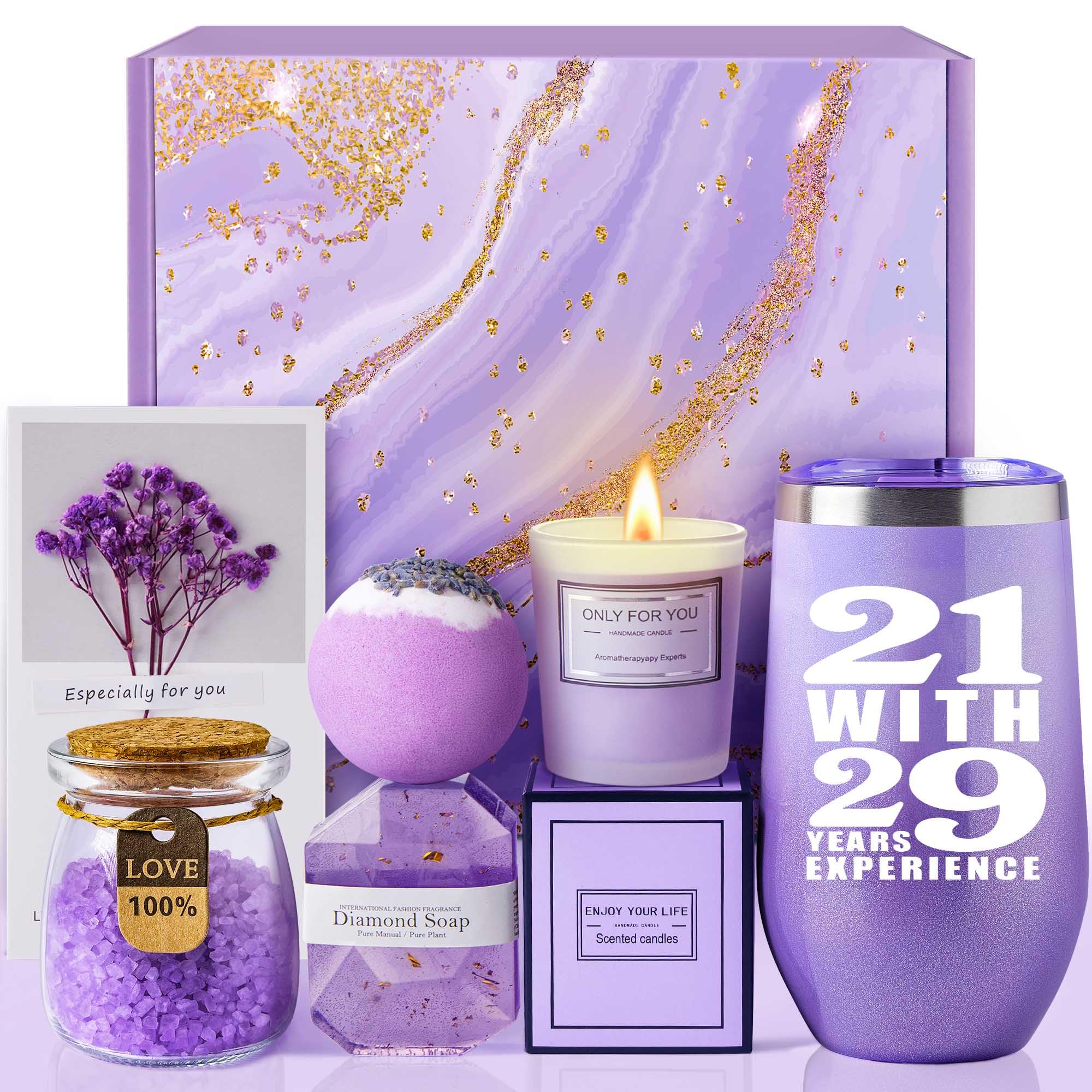 LE CADEAU 50th Birthday Gift Basket Box for Women, Funny Unique 50 Year Old Birthday Christmas Gifts for Women 1975, Candle Gift Set with Tumbler, Lavender Scent