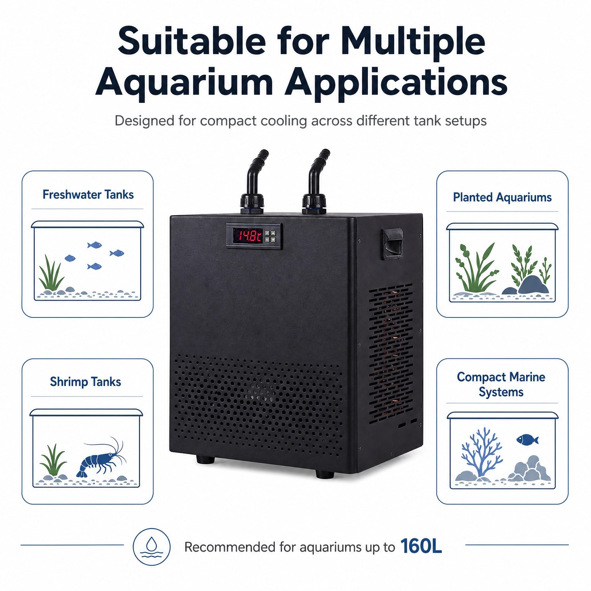Enfriador de agua hidropónico de 160L, enfriador de acuario con bomba silenciosa y tubería de 3M, enfriador de pecera for agua dulce y salada(100L(26gal))