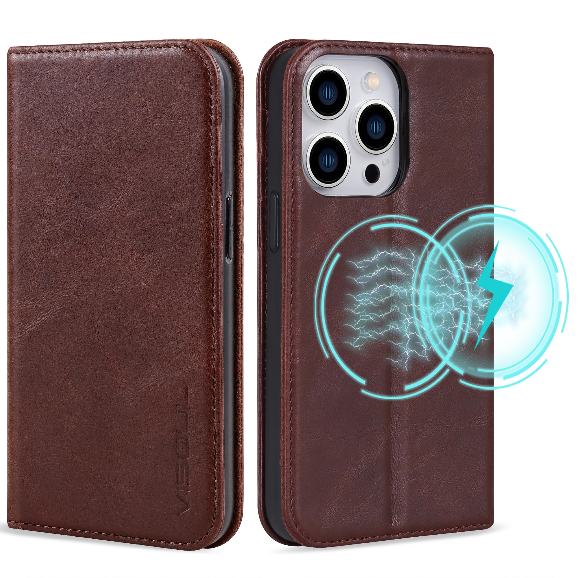VISOUL Custodia Portafoglio in Vera Pelle per iPhone 15 Pro Max, Flip Cover in Pelle con Carta Fessura Chiusura Magnetica Custodia a Libro per Telefono Cover per iPhone 15 Pro Max 6.7(Carbonio+Blu