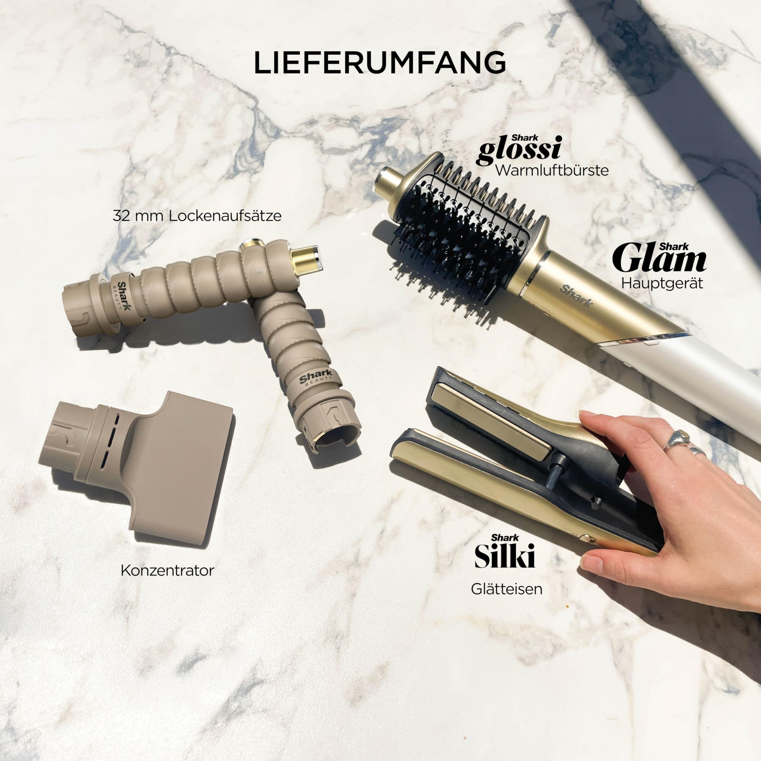 Shark Glam Multistyler Haartrockner mit Keramik Gloss-Lock-Technologie 4 Styling-Aufsätzen Silki Glossi HD6041SEU