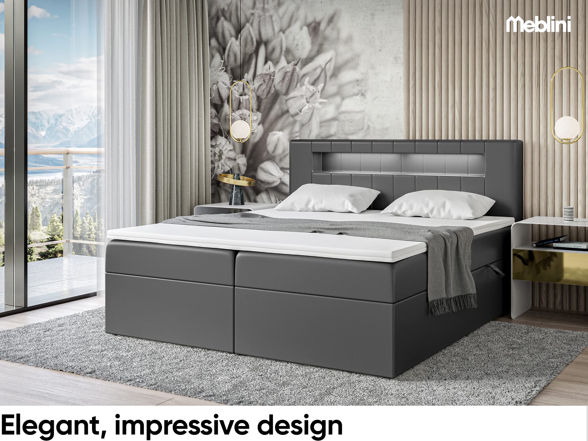 MEBLINI Boxspringbett mit Bettkasten - Bett mit LED Kopfteil - Gepolstert Doppelbett mit Matratze und Topper - Polsterbett mit Stauraum - Stauraumbett - ASPIN - 180x200 - H3/Schwarz Kunstleder