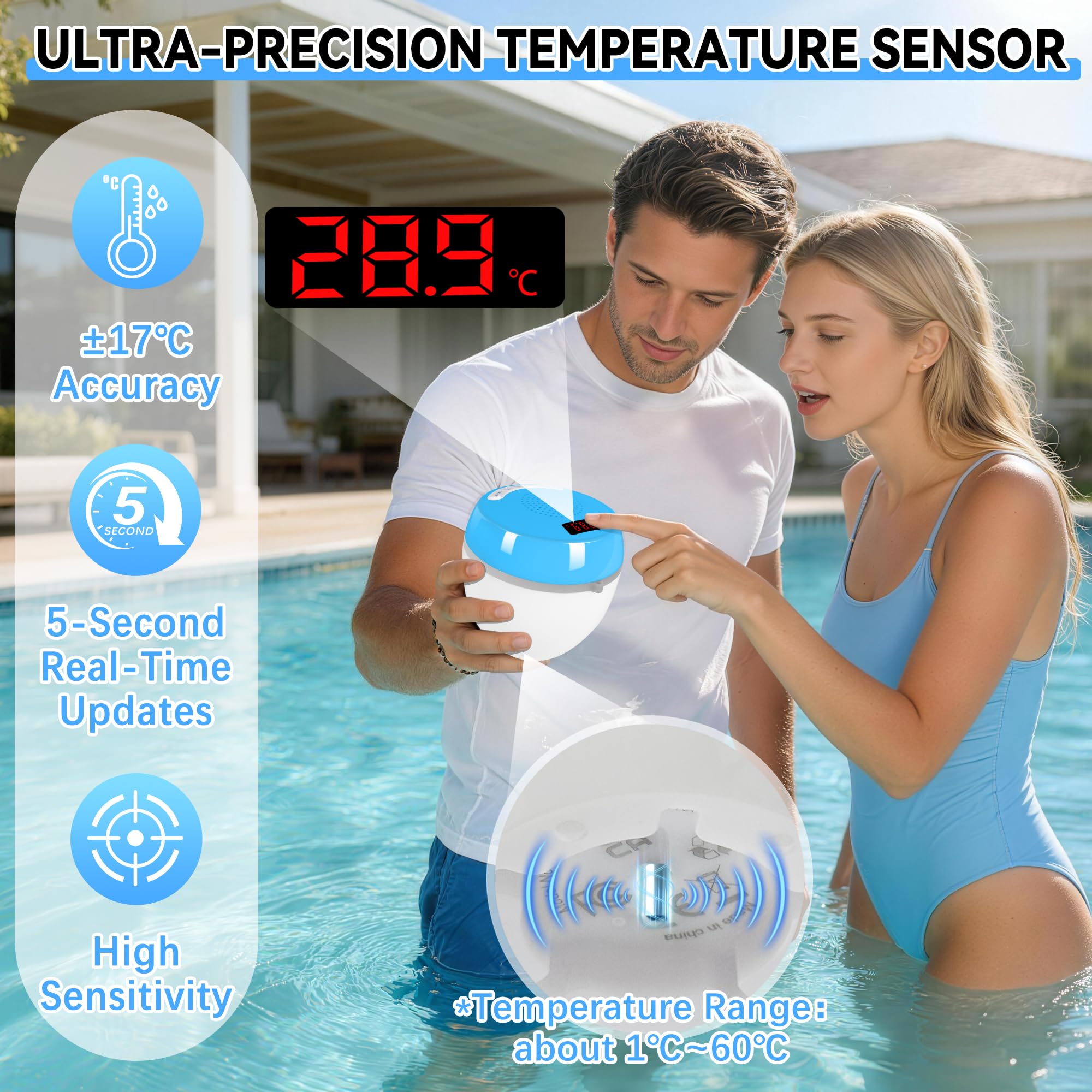 AearKing 3-in-1 Bluetooth Lautsprecher Pool mit Thermometer, Pool Lautsprecher mit RGB Licht, Schwimmender Pool Lautsprecher Wasserdicht IP68, TWS, Tragbarer Lautsprecher,Stereo Musikbox für Whirlpool